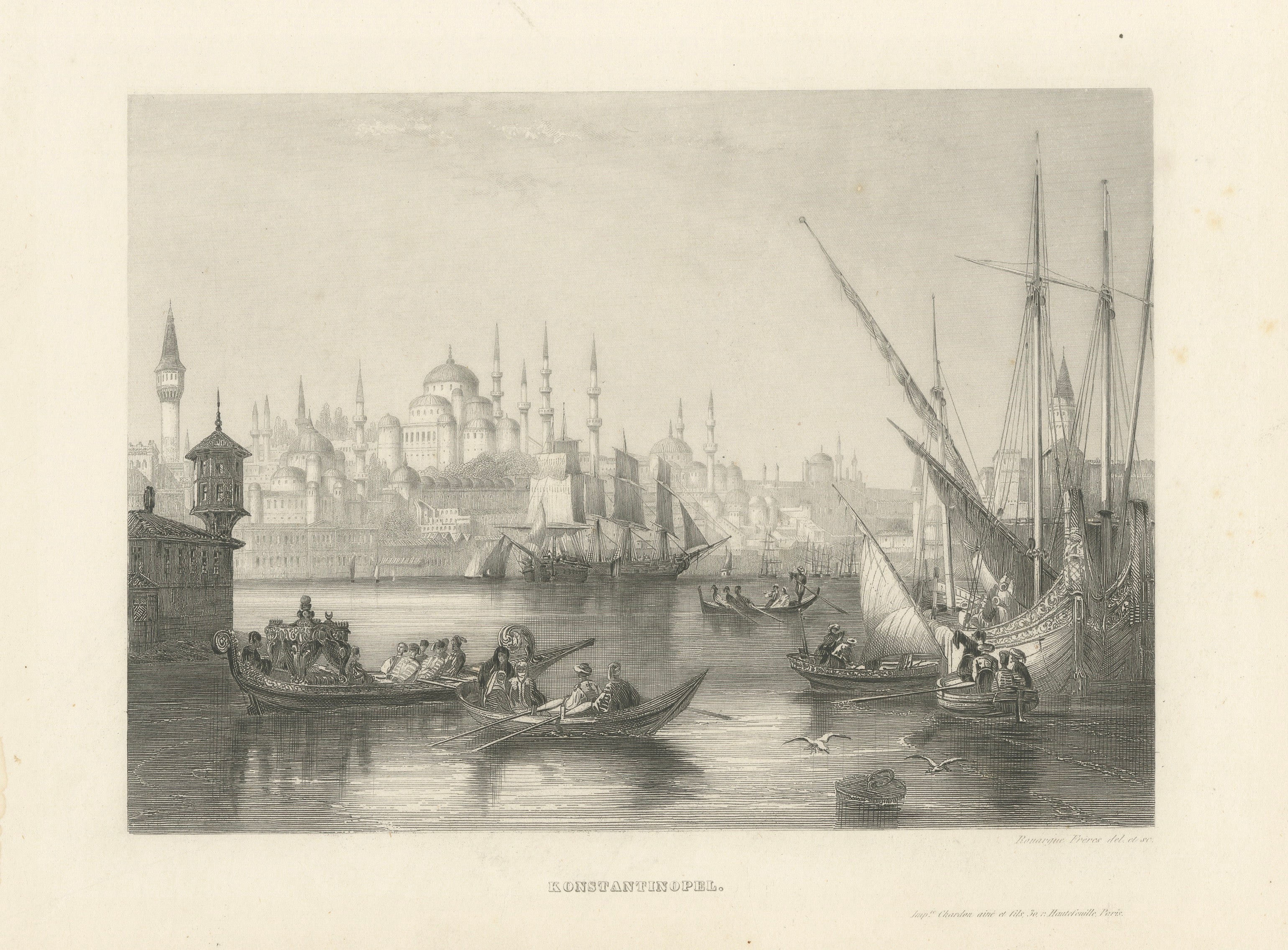 Constantinople Harbor View with Ottoman Boats by Rouargue Frères, c.1860