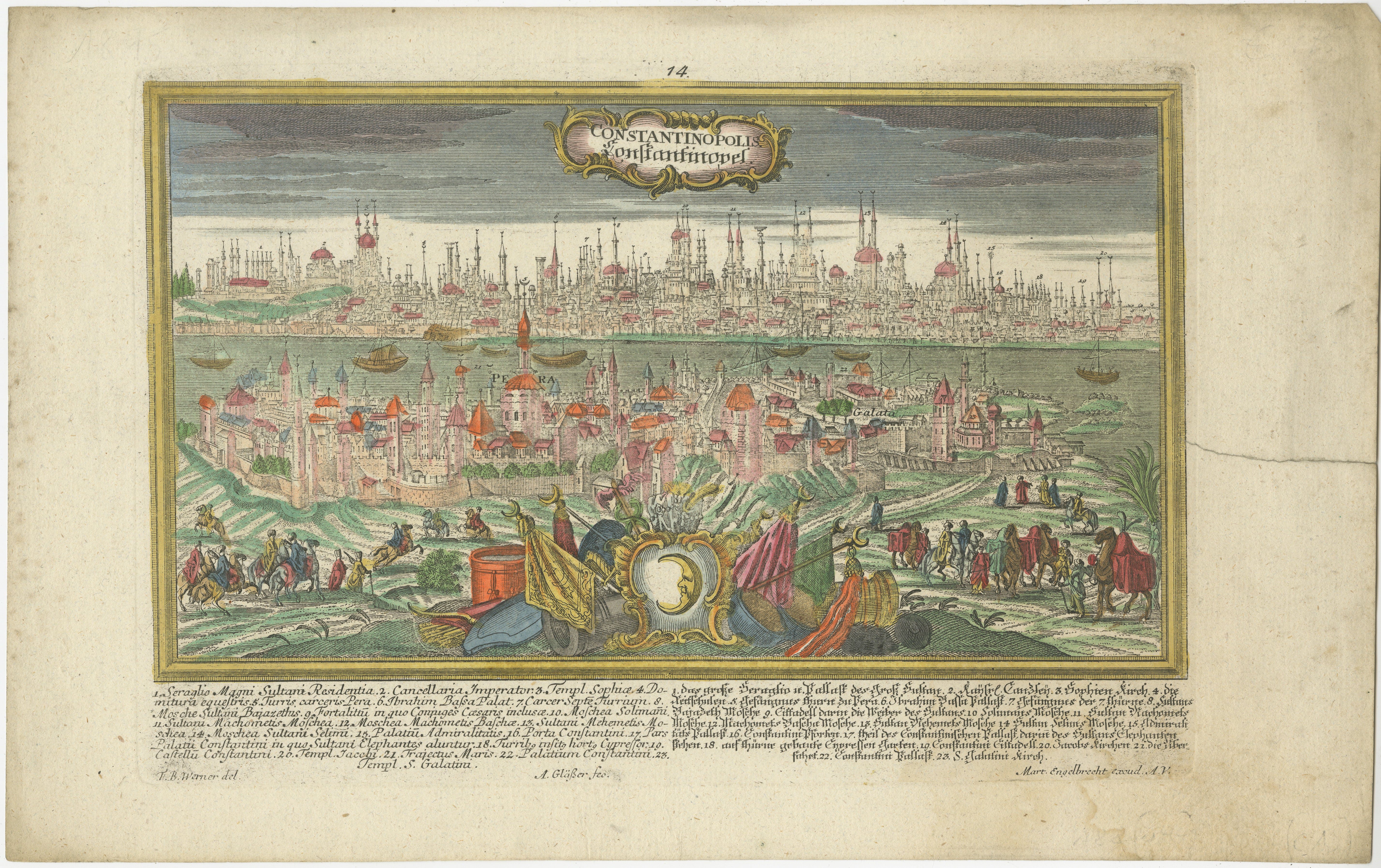 Constantinopla (Estambul) - Vista panorámica de la ciudad por Werner y Gläser, Augsburgo c.1730

Este llamativo grabado en cobre coloreado a mano ofrece una grandiosa vista panorámica de Constantinopla (la actual Estambul), vista a través del Cuerno