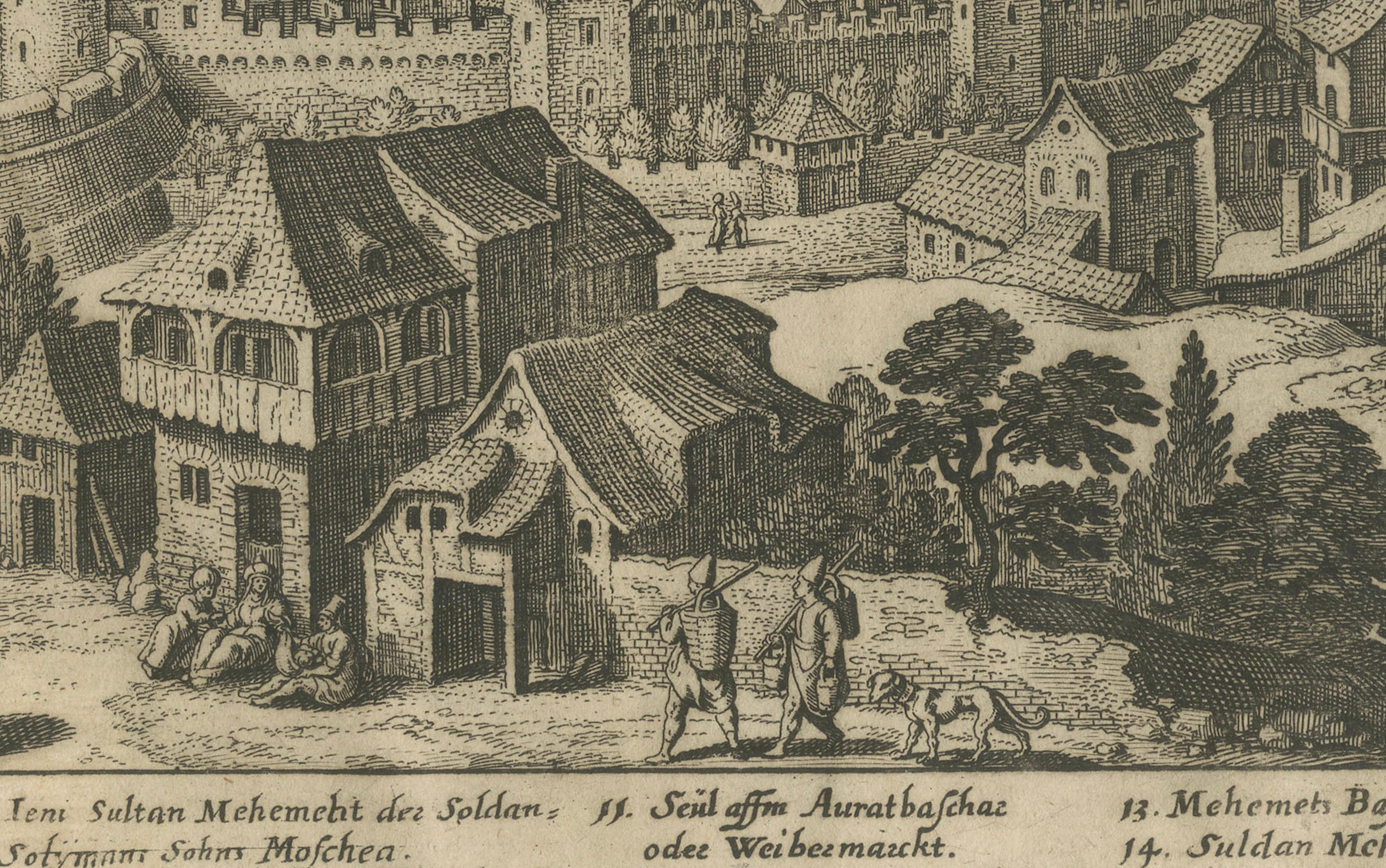 Constantinopla - Grabado panorámico de Matthäus Merian the Elder, Fráncfort, 1635

Este grabado en cobre, finamente detallado, presenta una amplia vista de pájaro de Constantinopla (actual Estambul) desde el otro lado del Cuerno de Oro, grabado por
