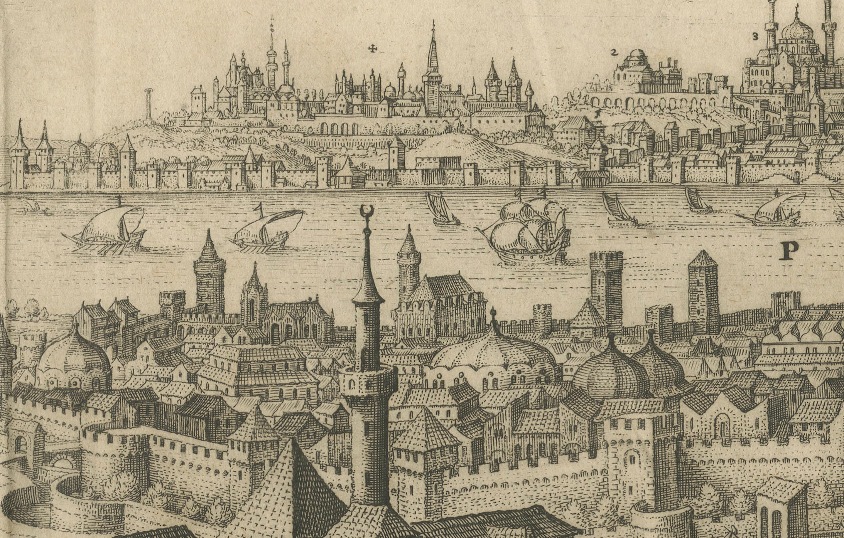 Constantinopla - Grabado panorámico de Matthäus Merian the Elder, 1635 en Bueno estado para la venta en Langweer, NL