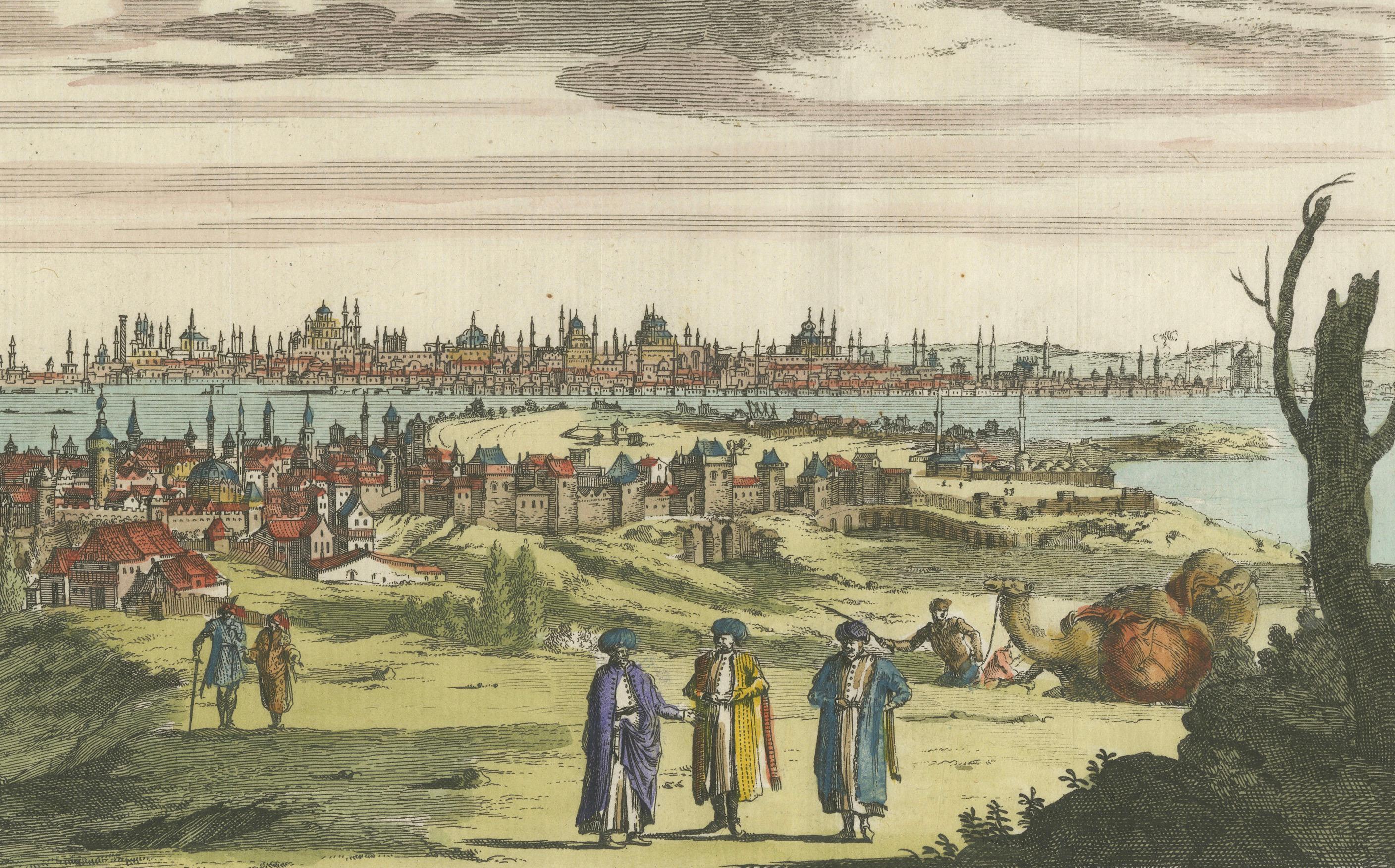 Constantinopla - Grabado panorámico coloreado a mano, Augsburgo, hacia 1720 Alemán en venta
