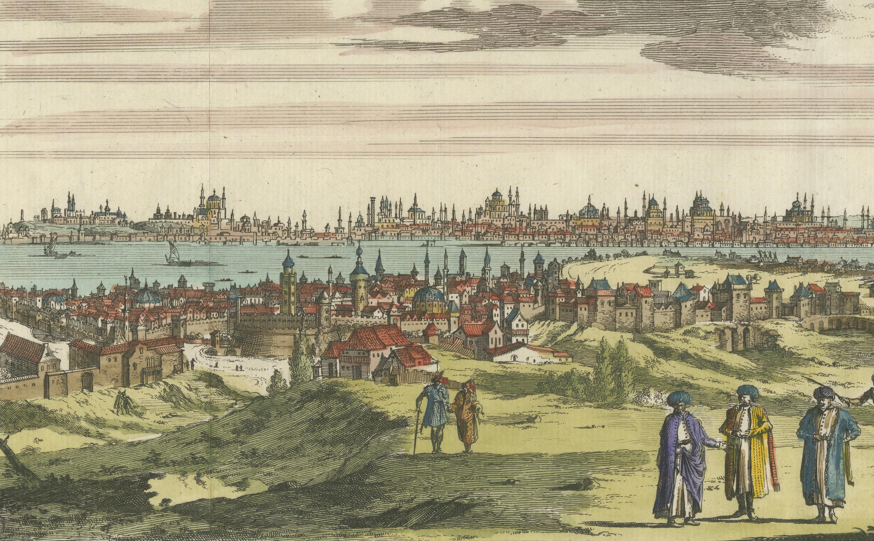 Constantinopla - Grabado panorámico coloreado a mano, Augsburgo, hacia 1720 en Bueno estado para la venta en Langweer, NL