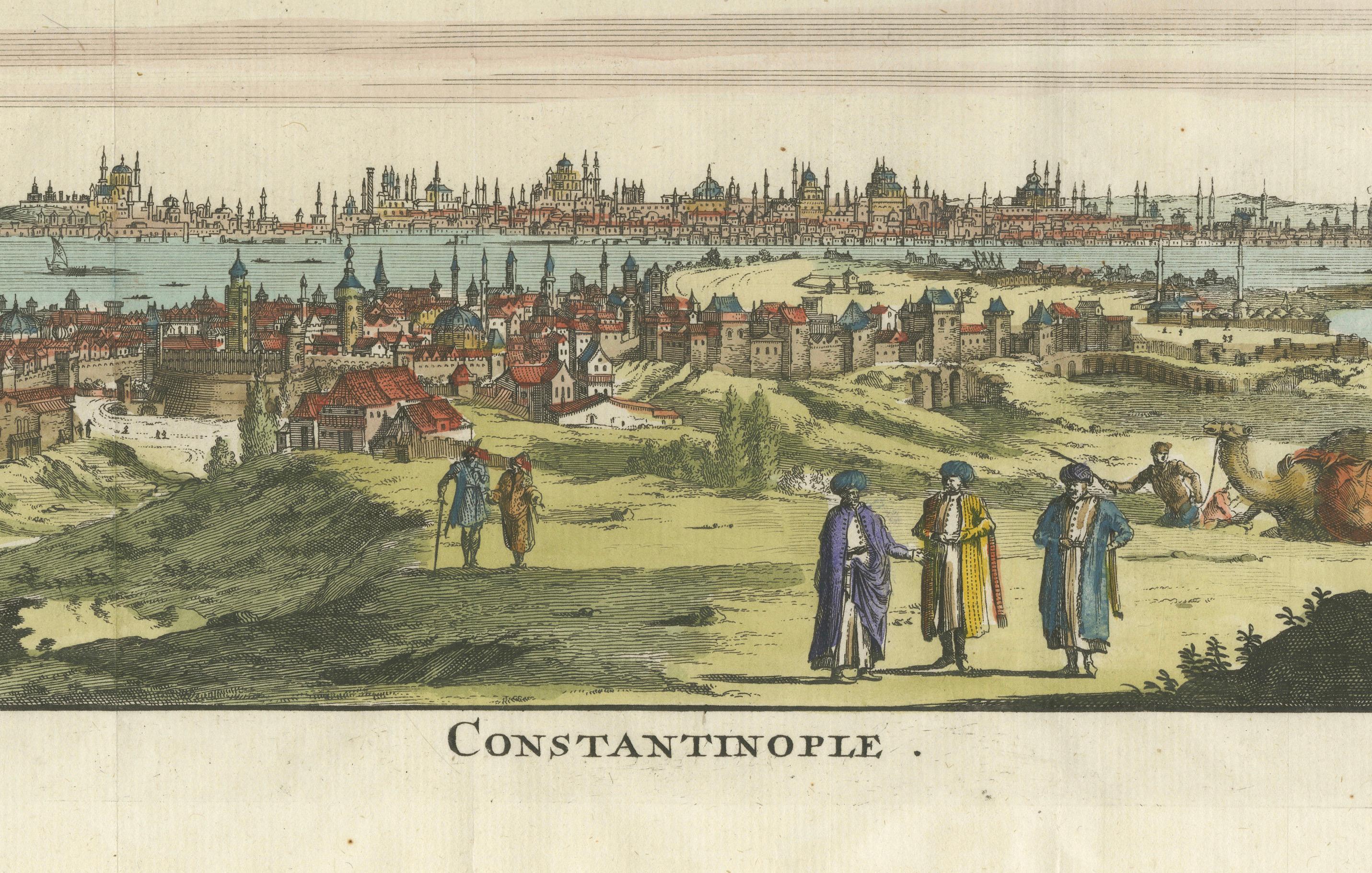 Constantinopla - Grabado panorámico coloreado a mano, Augsburgo, hacia 1720 siglo XVIII en venta