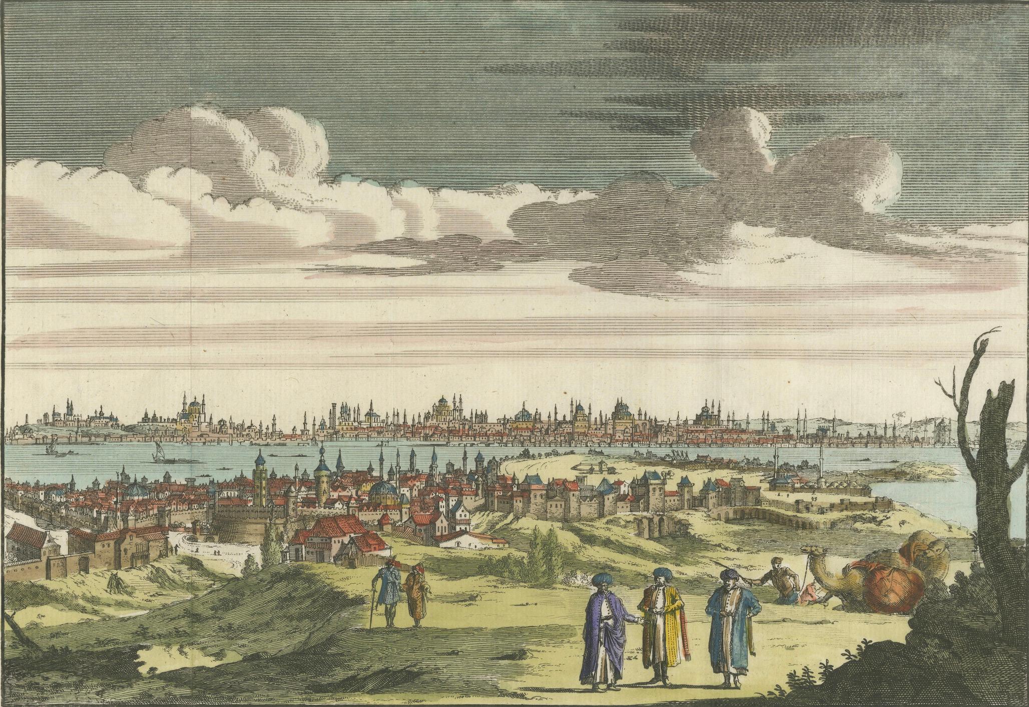 Constantinopla - Grabado panorámico coloreado a mano, Augsburgo, hacia 1720 Papel en venta