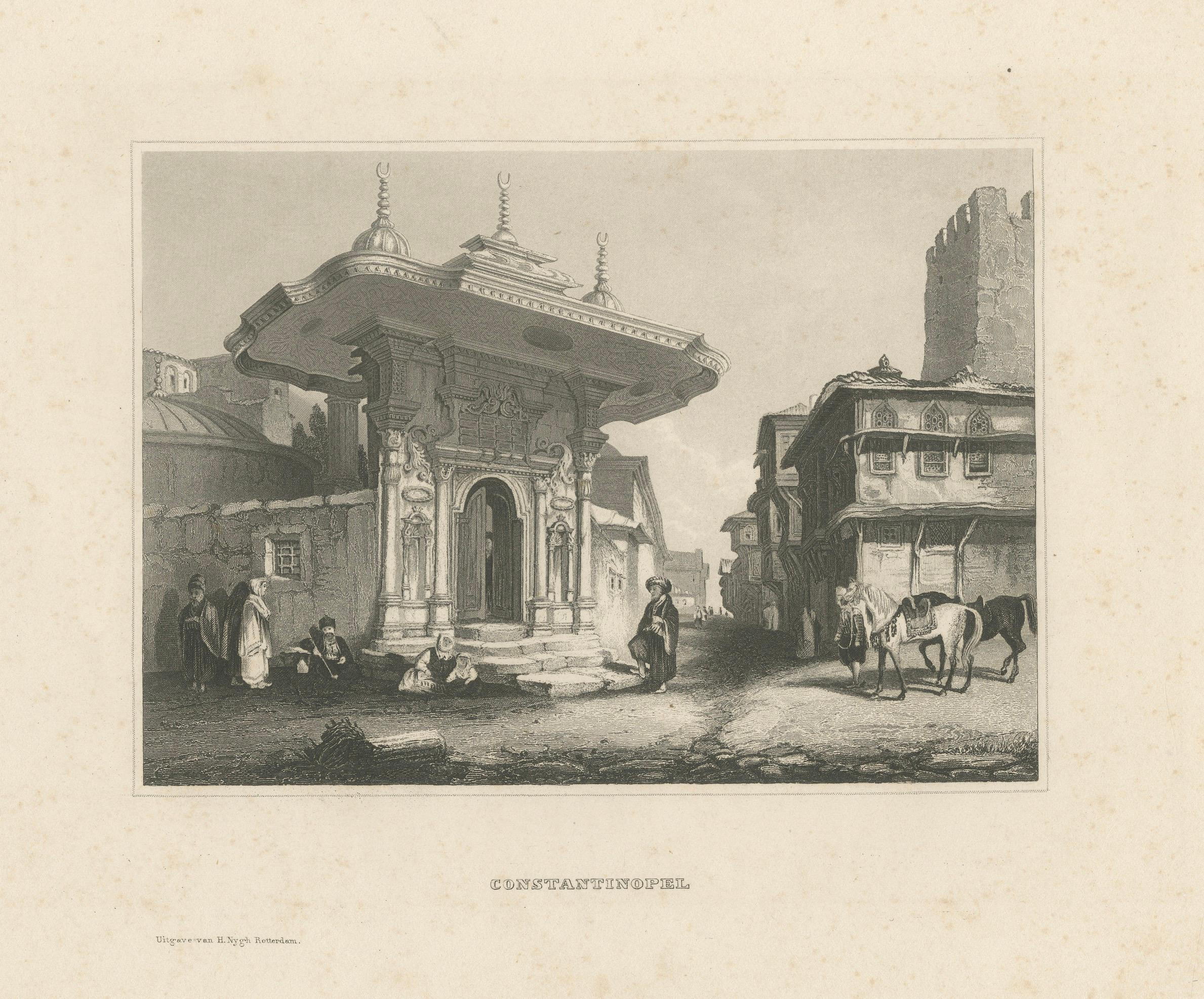 Constantinople Street Scene - Antique Print, Ottoman Fountain, 1850