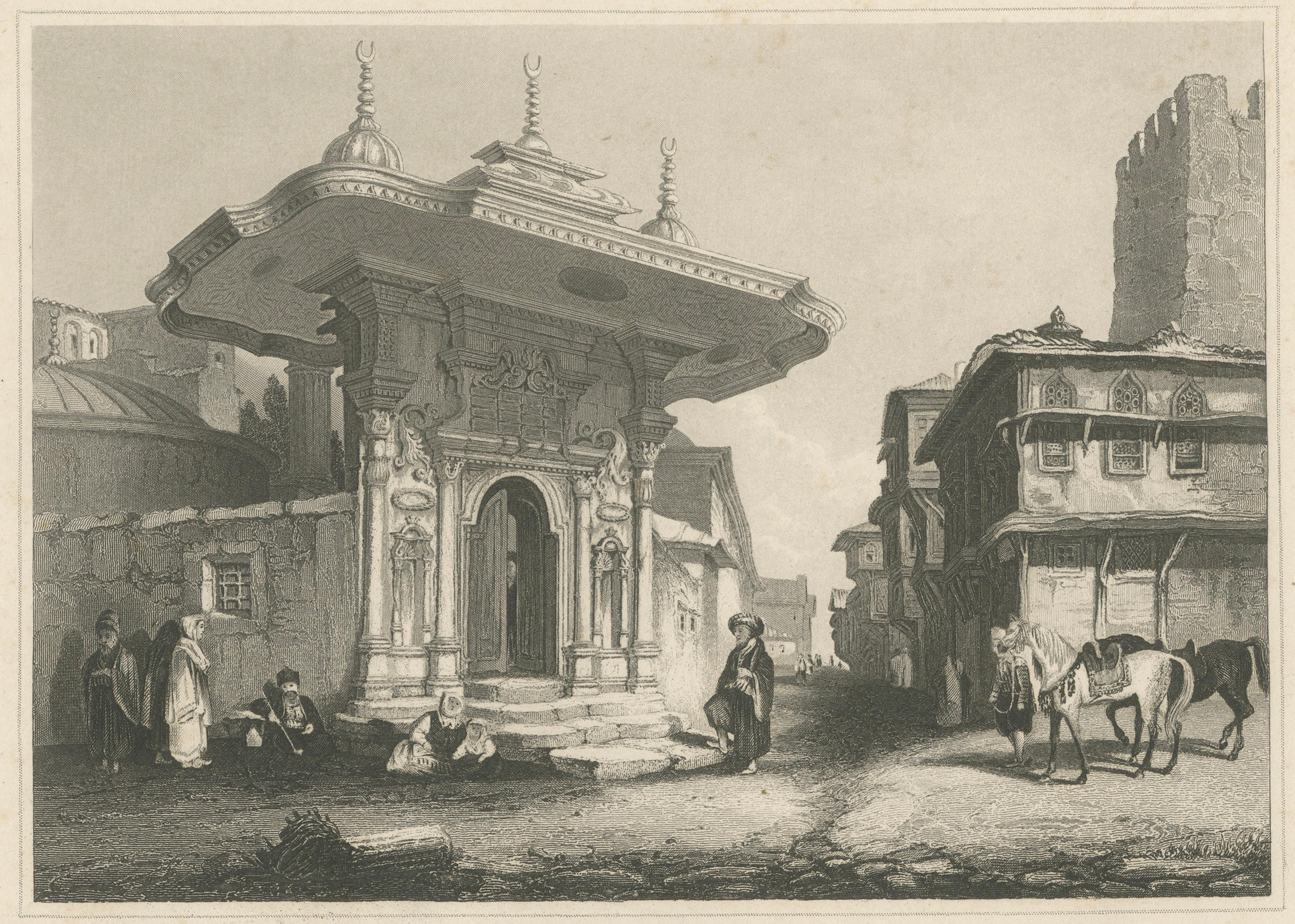 Constantinople Street Scene - Antique Print, Ottoman Fountain, 1850