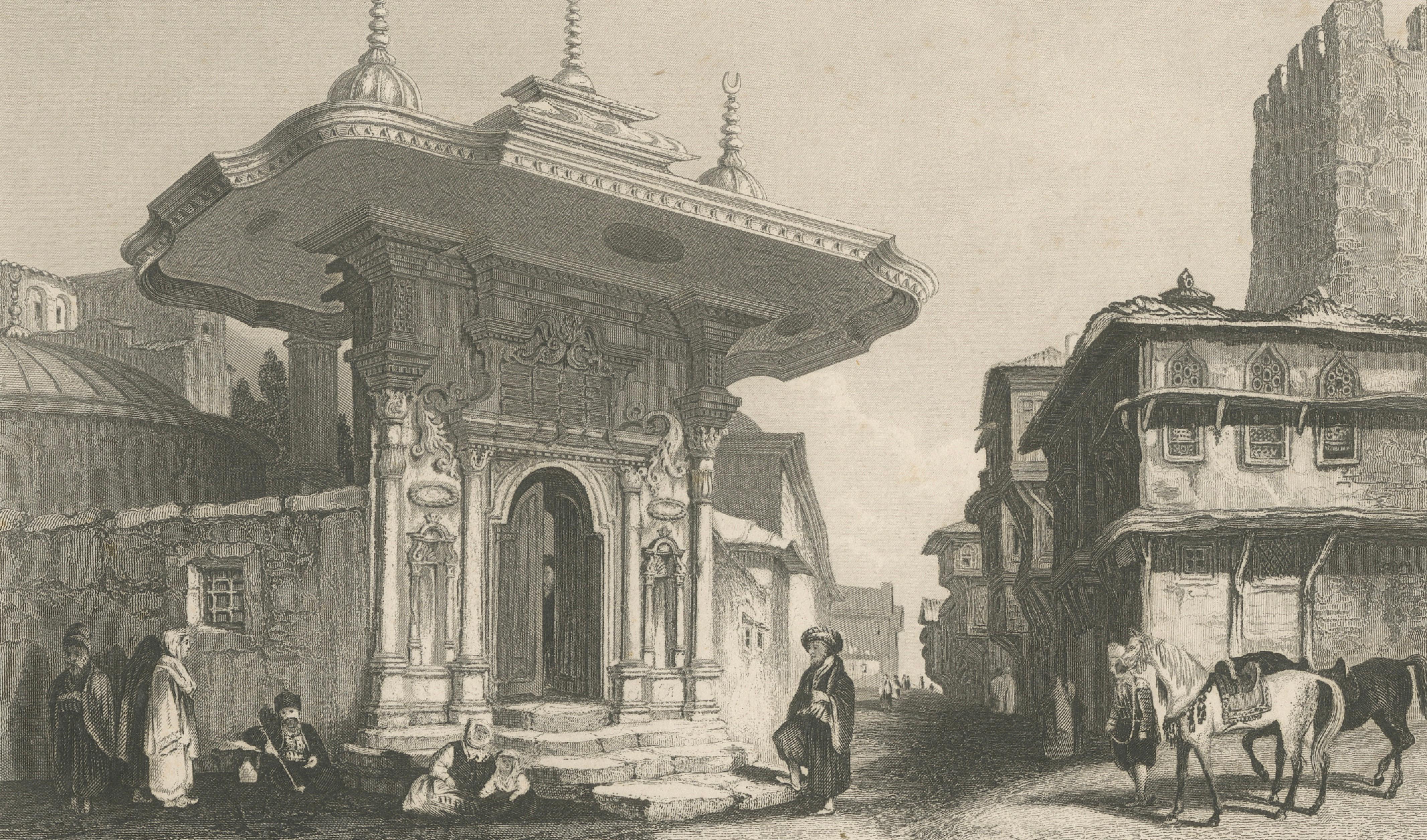 Constantinople Street Scene - Antique Print, Ottoman Fountain, 1850