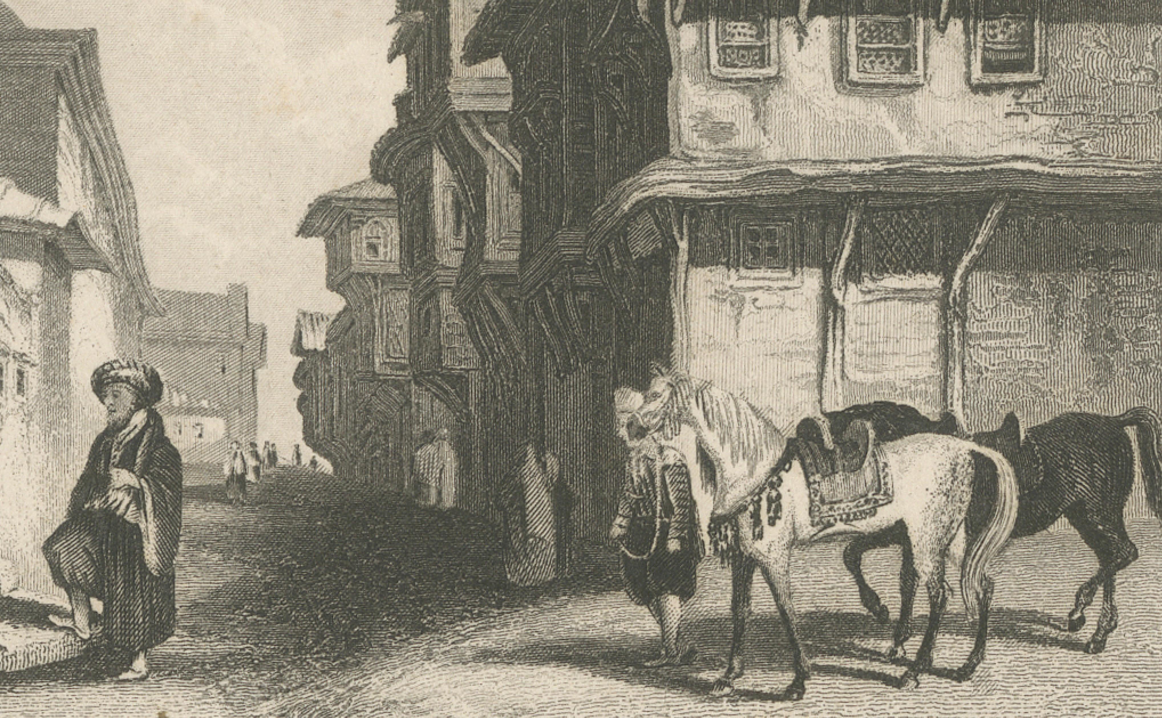 Constantinople Street Scene - Antique Print, Ottoman Fountain, 1850