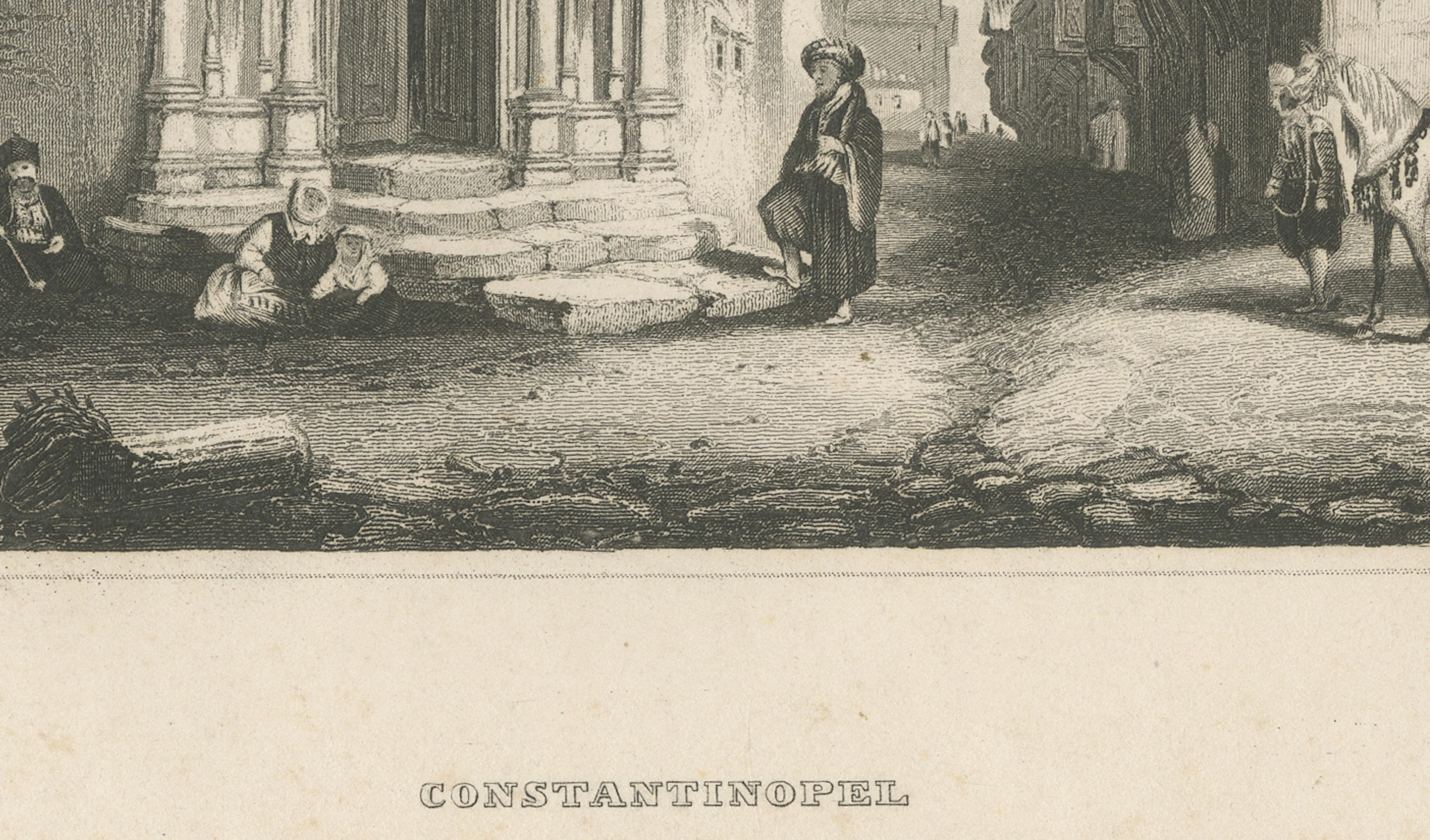 Constantinople Street Scene - Antique Print, Ottoman Fountain, 1850
