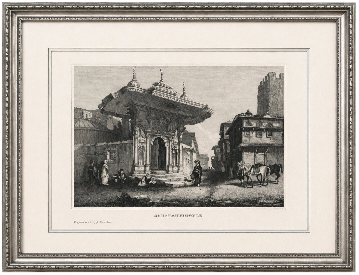 Constantinople Street Scene - Antique Print, Ottoman Fountain, 1850