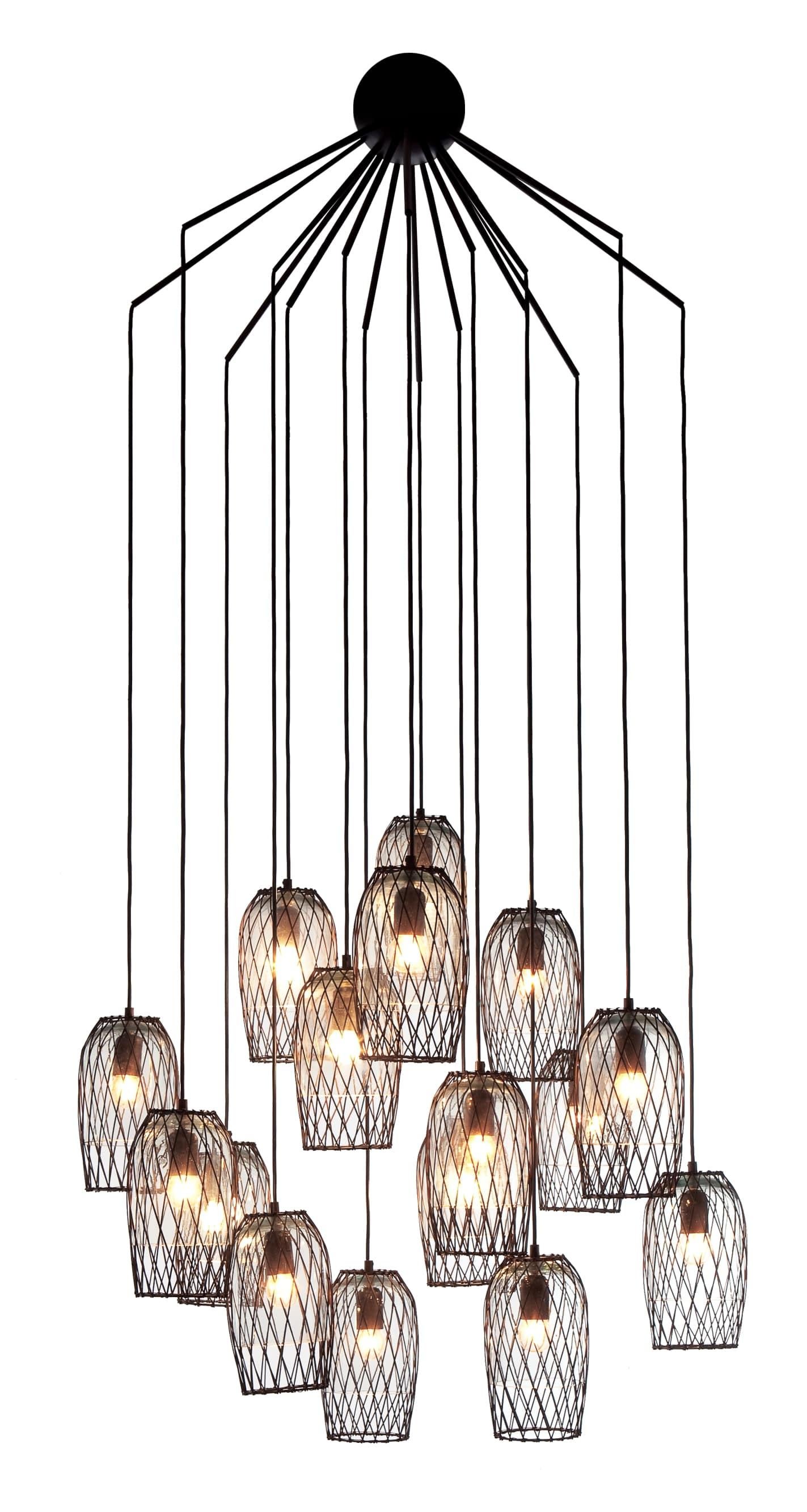 Constellation 16 pendant light, Kenneth Cobonpue
Materials: Buri (palm leaf spines), powder-coated steel, glass
Dimensions: 86.5 x 150 cm 

All our lamps can be wired according to each country. If sold to the USA it will be wired for the USA for
