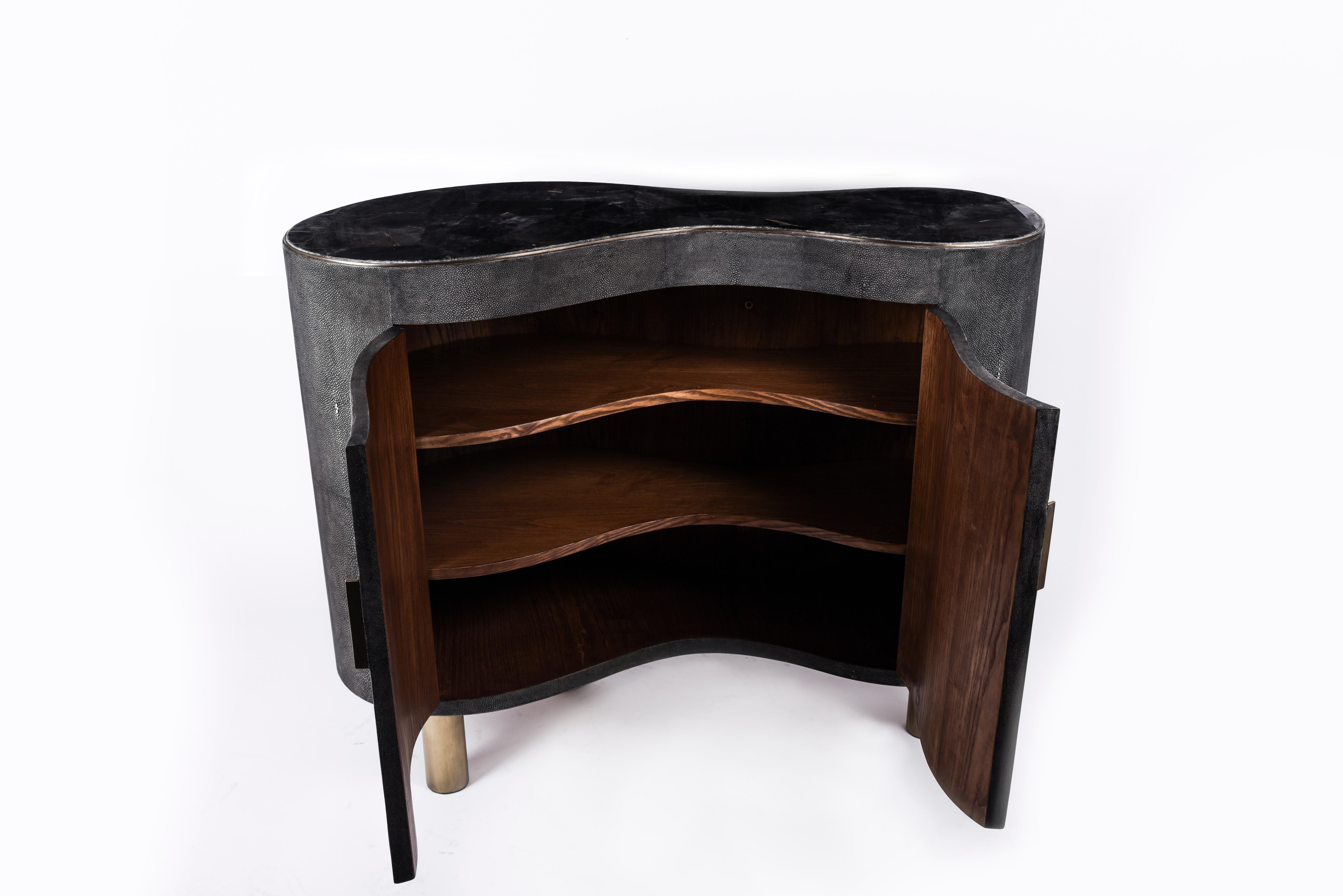 Hand-Crafted Constellation Commode in Black Quartz, Shagreen and Brass by Kifu, Paris For Sale