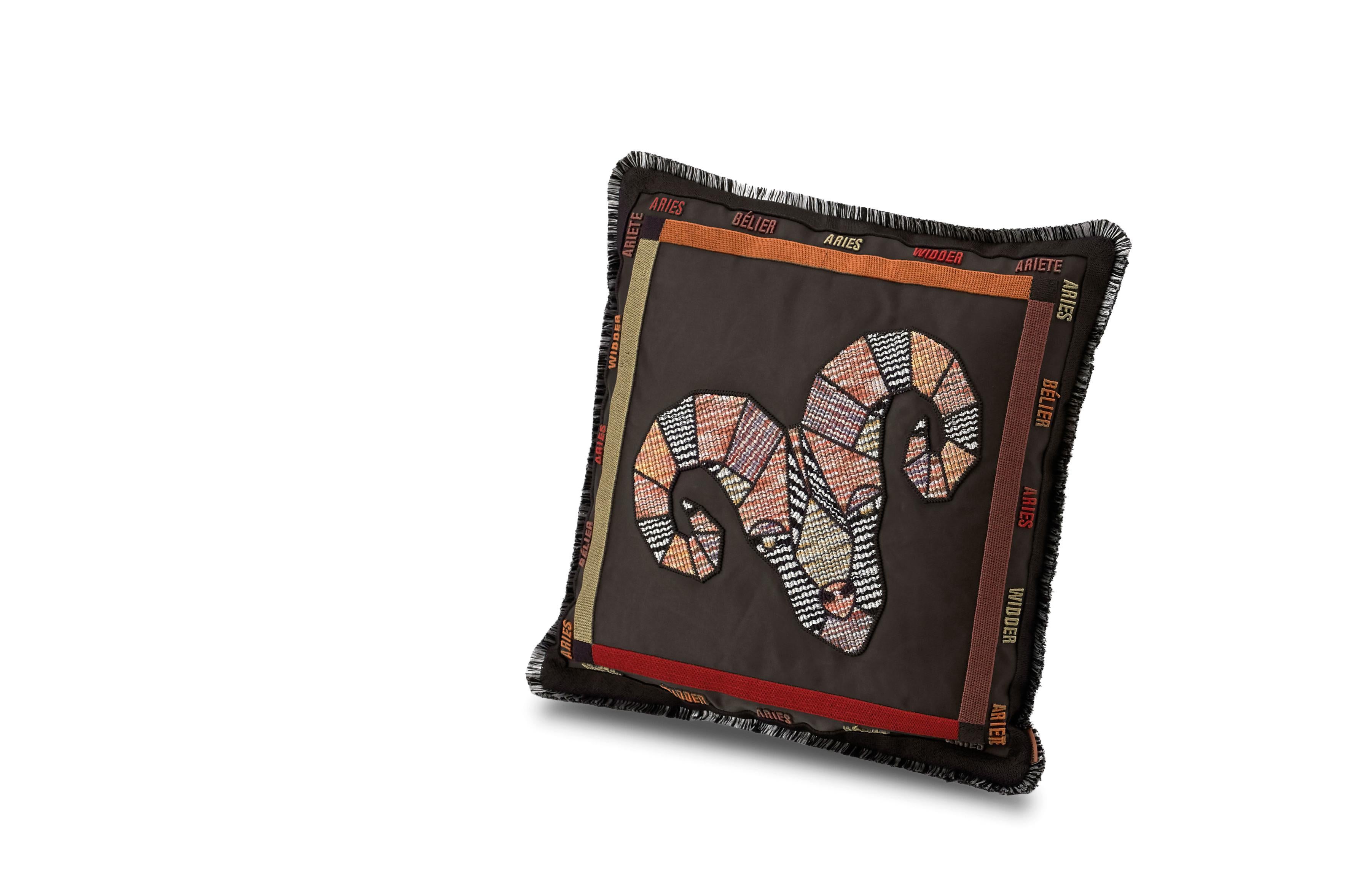 Missoni Home's embroidered constellation cushion featuring the Aries zodiac symbol with removeable cover; Down insert (certified as responsibly souced down)
 