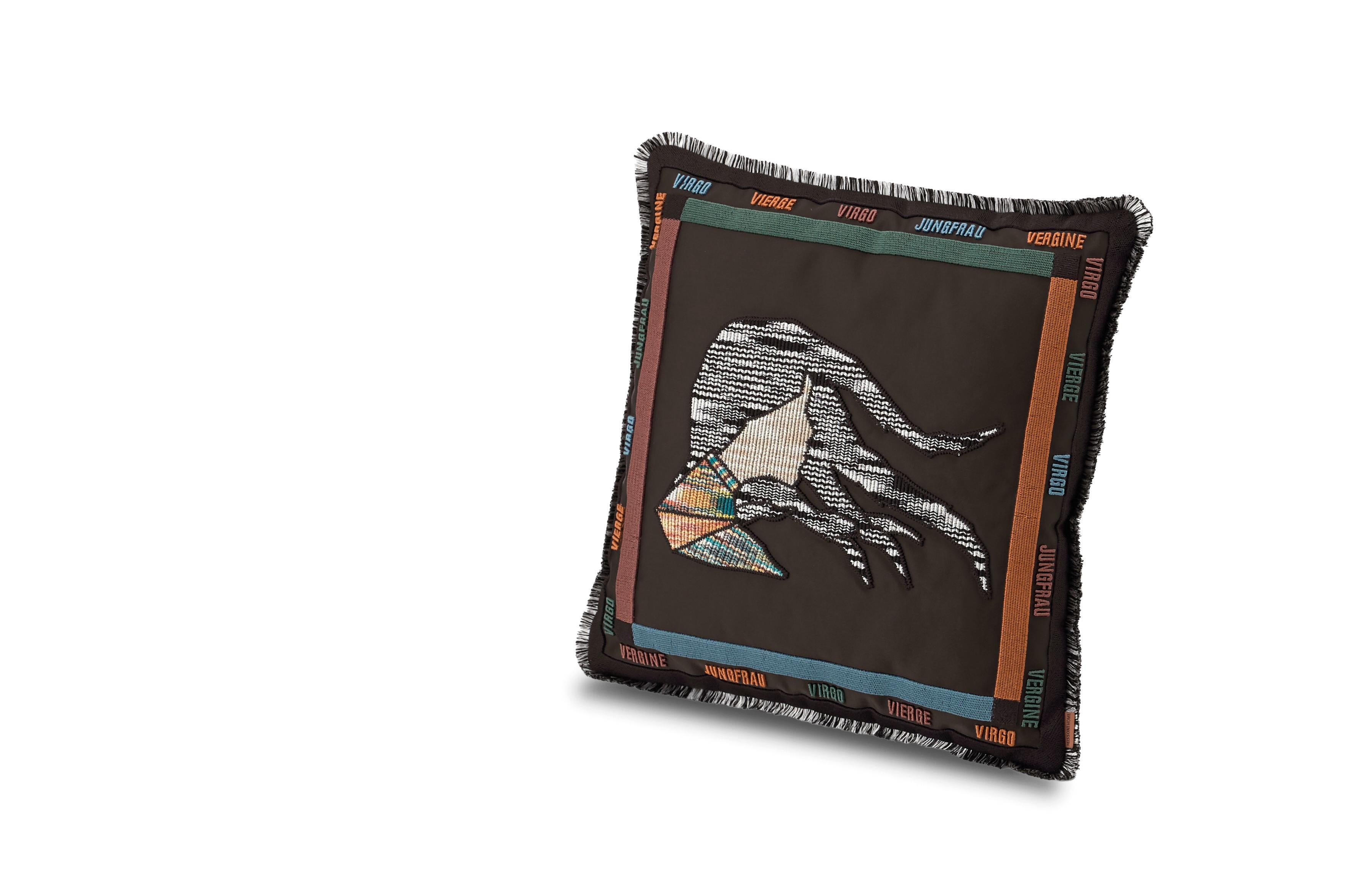Missoni Home's embroidered constellation cushion featuring the Virgo zodiac symbol with removeable cover; Down insert (certified as responsibly souced down)

