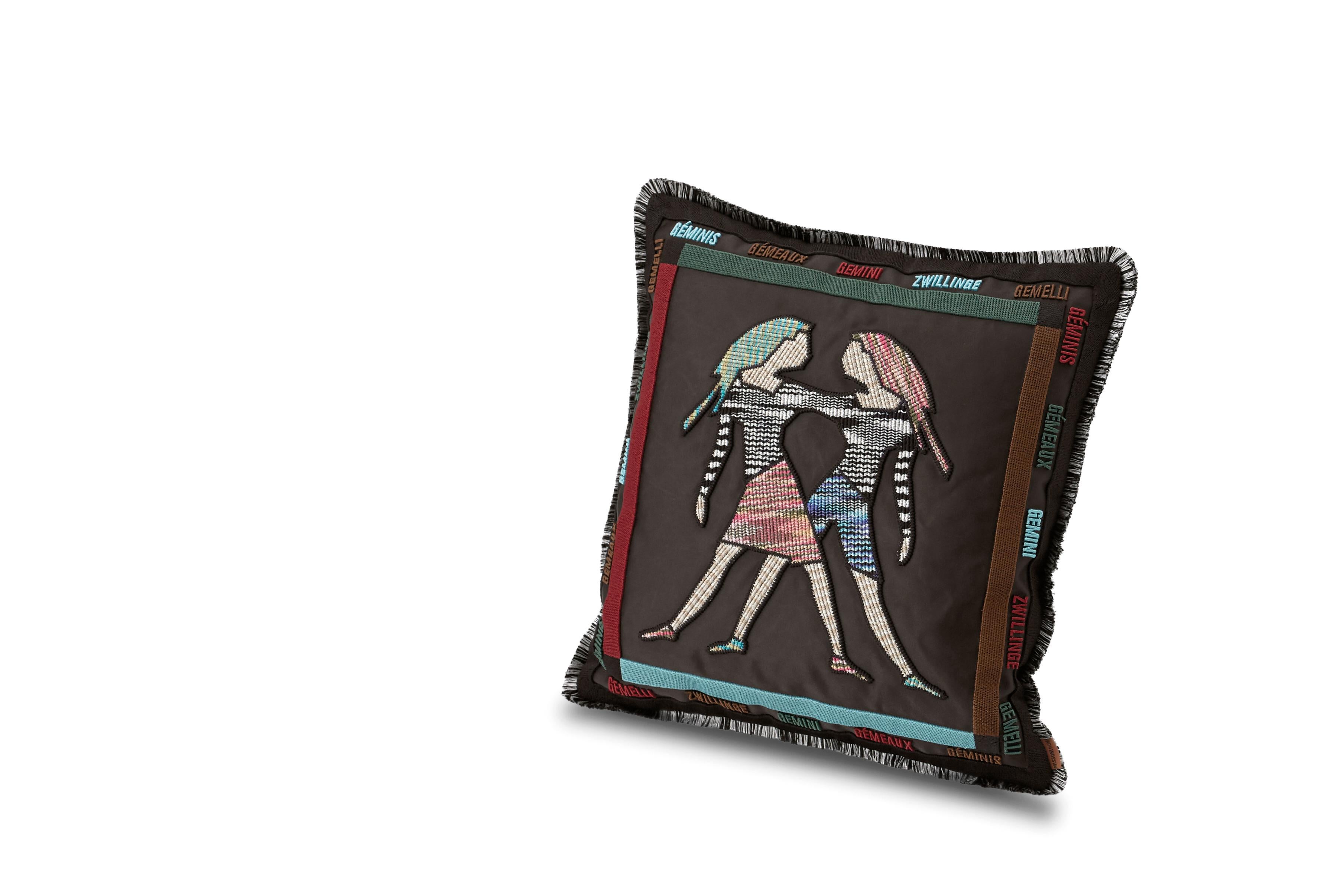 Missoni Home's embroidered constellation cushion featuring the Gemini zodiac symbol with removeable cover; Down insert (certified as responsibly souced down)
 