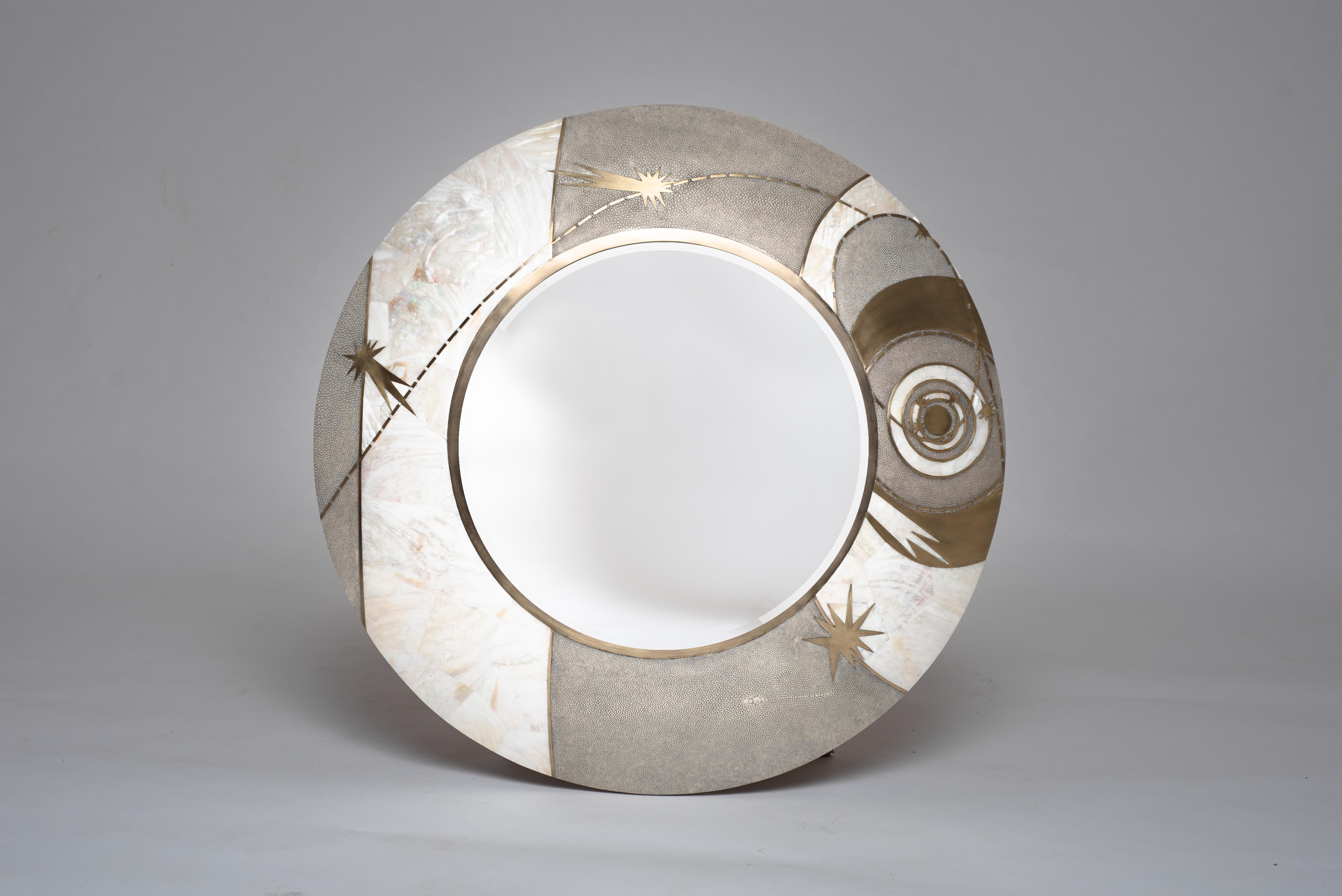 Hand-Crafted Constellation Mirror in Shagreen Shell & Bronze-Patina Brass by Kifu Paris For Sale