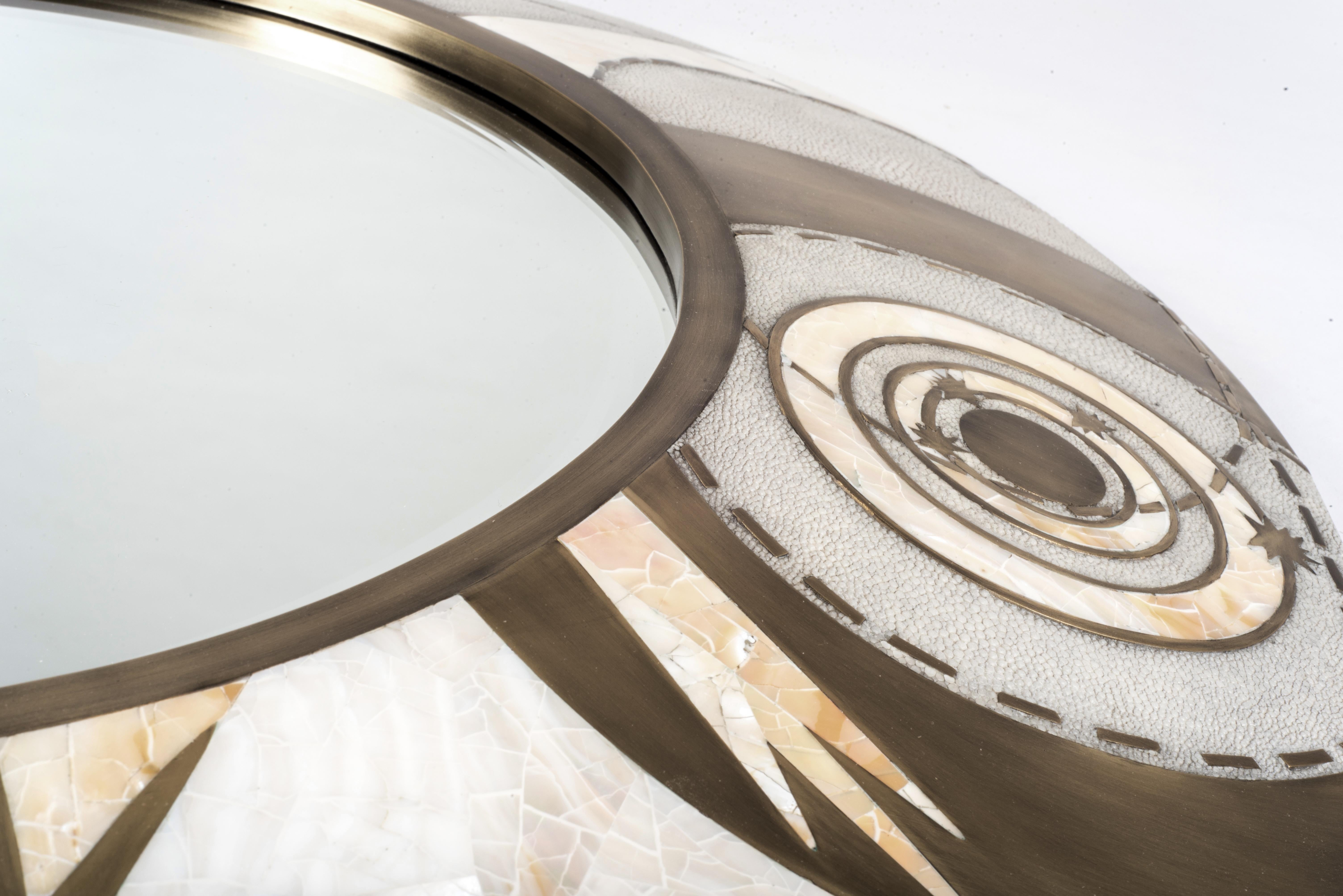 Art Deco Constellation Mirror in Cream Shagreen Shell & Bronze-Patina Brass by Kifu Paris For Sale