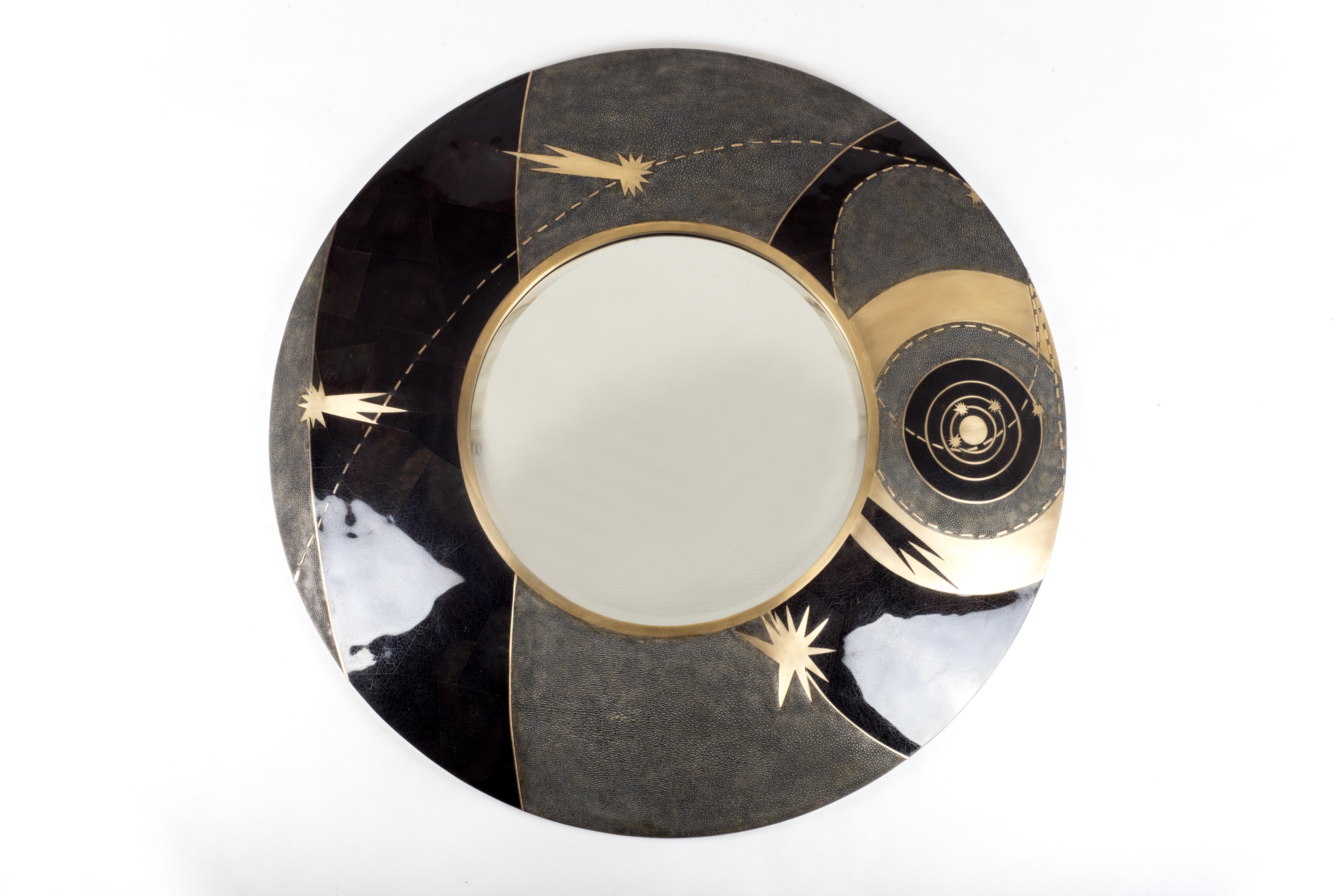 French Constellation Mirror in Cream Shagreen Shell & Bronze-Patina Brass by Kifu Paris For Sale