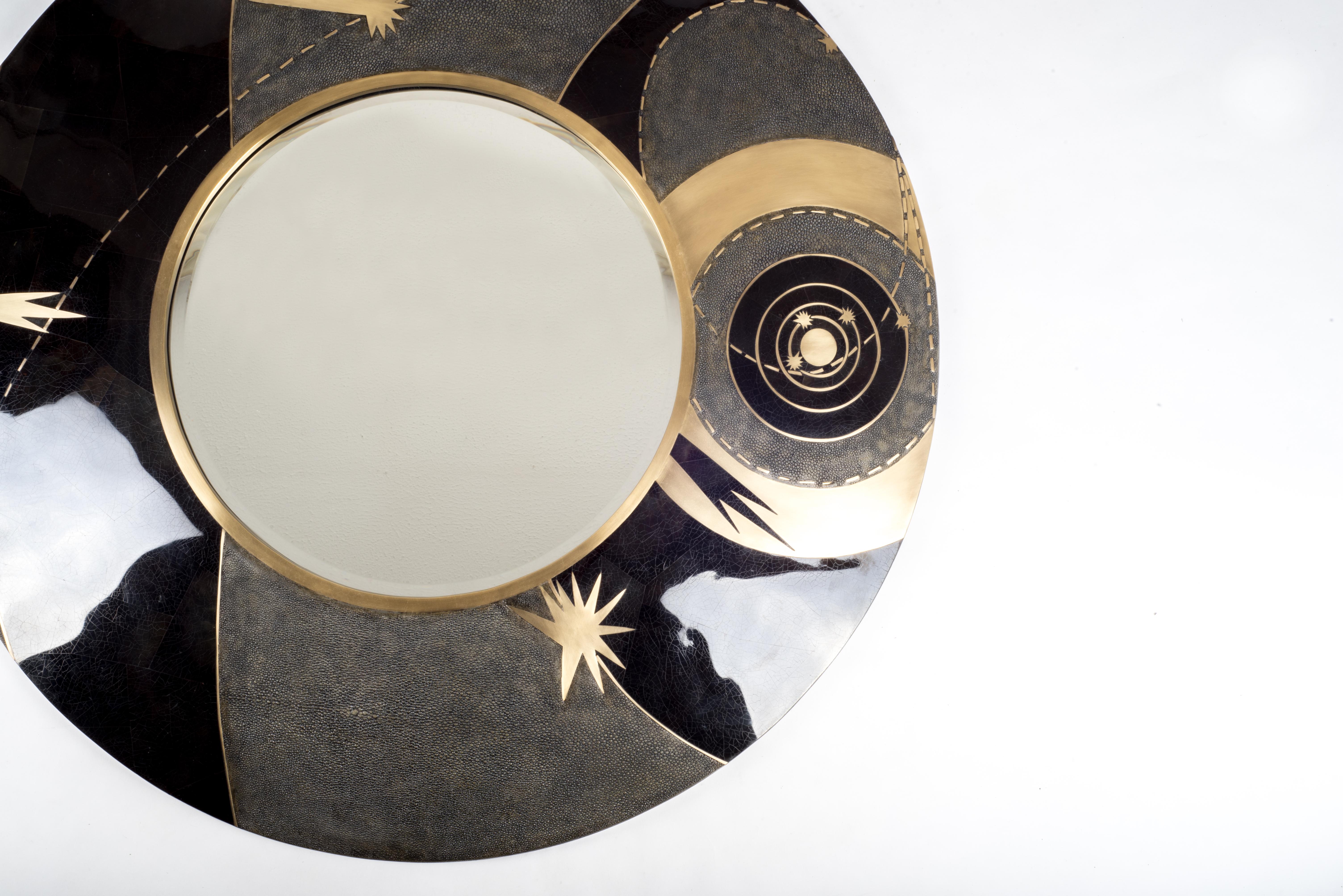 Hand-Crafted Constellation Mirror in Cream Shagreen Shell & Bronze-Patina Brass by Kifu Paris For Sale