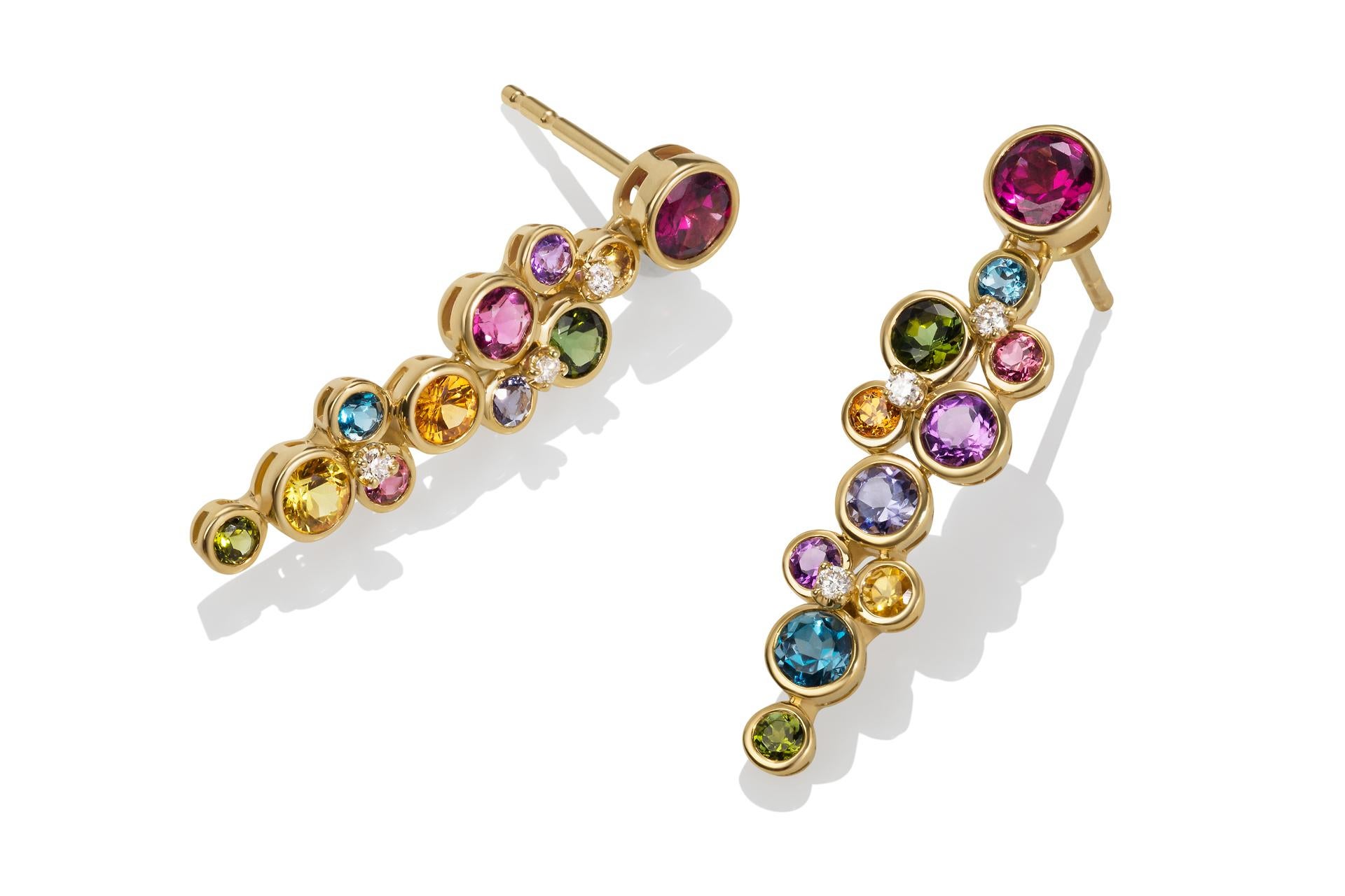 Celebrate the stars!! And color.... Don't keep these earrings in your lock box - these are meant to be worn!!! 
These Constellation earrings are 14ky with 1.65 ct of multi-color gemstones and diamonds. The gemstones include Toumaline, citrine,