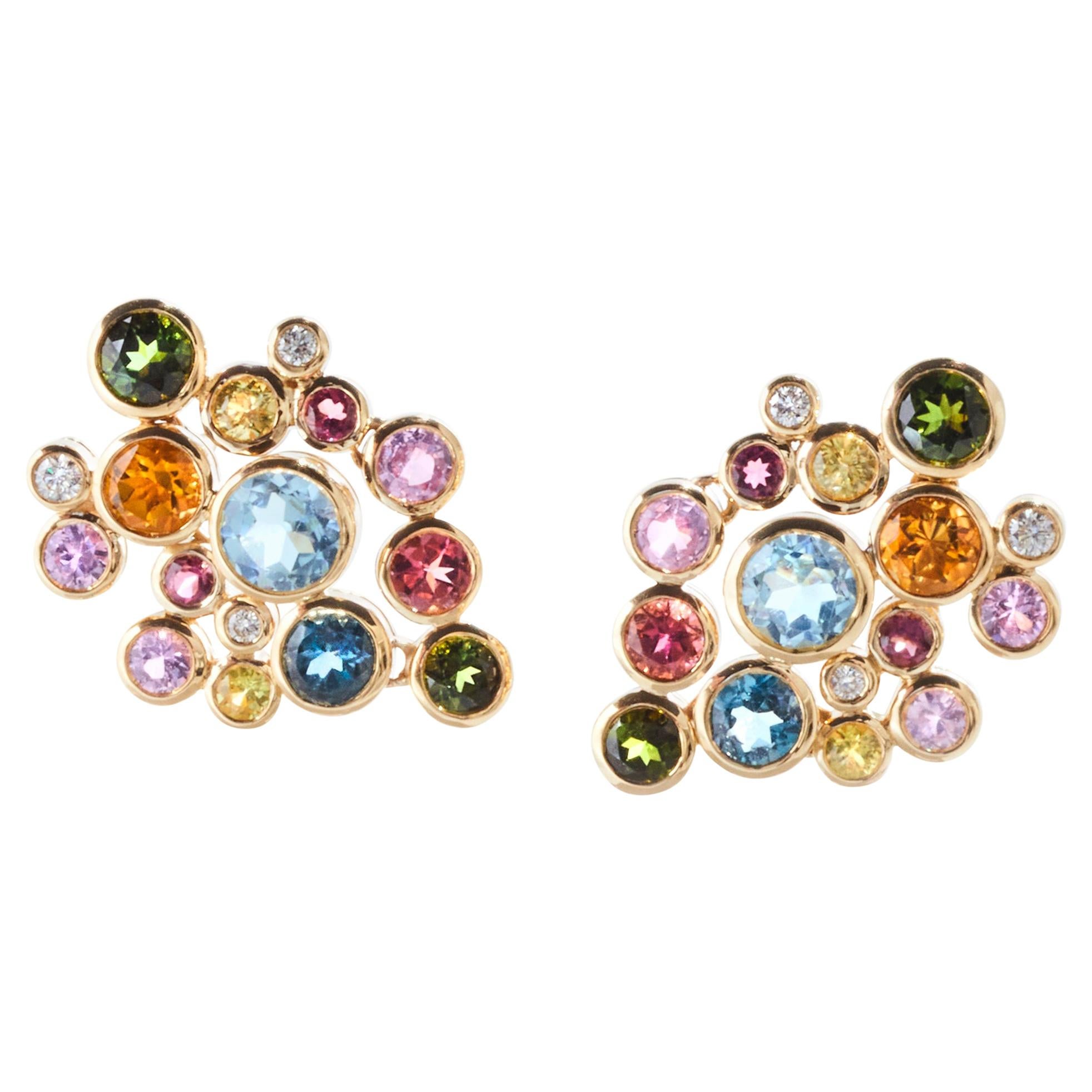 Boucles d'oreilles pendantes Constellation en or 14 carats et pierres précieuses multicolores en vente