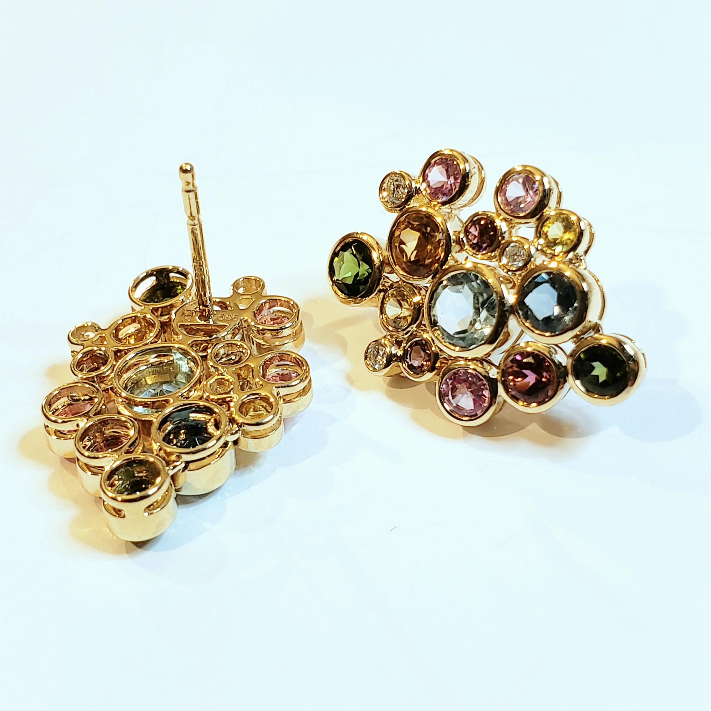 Boucles d'oreilles pendantes Constellation en or 14 carats et pierres précieuses multicolores Pour femmes en vente