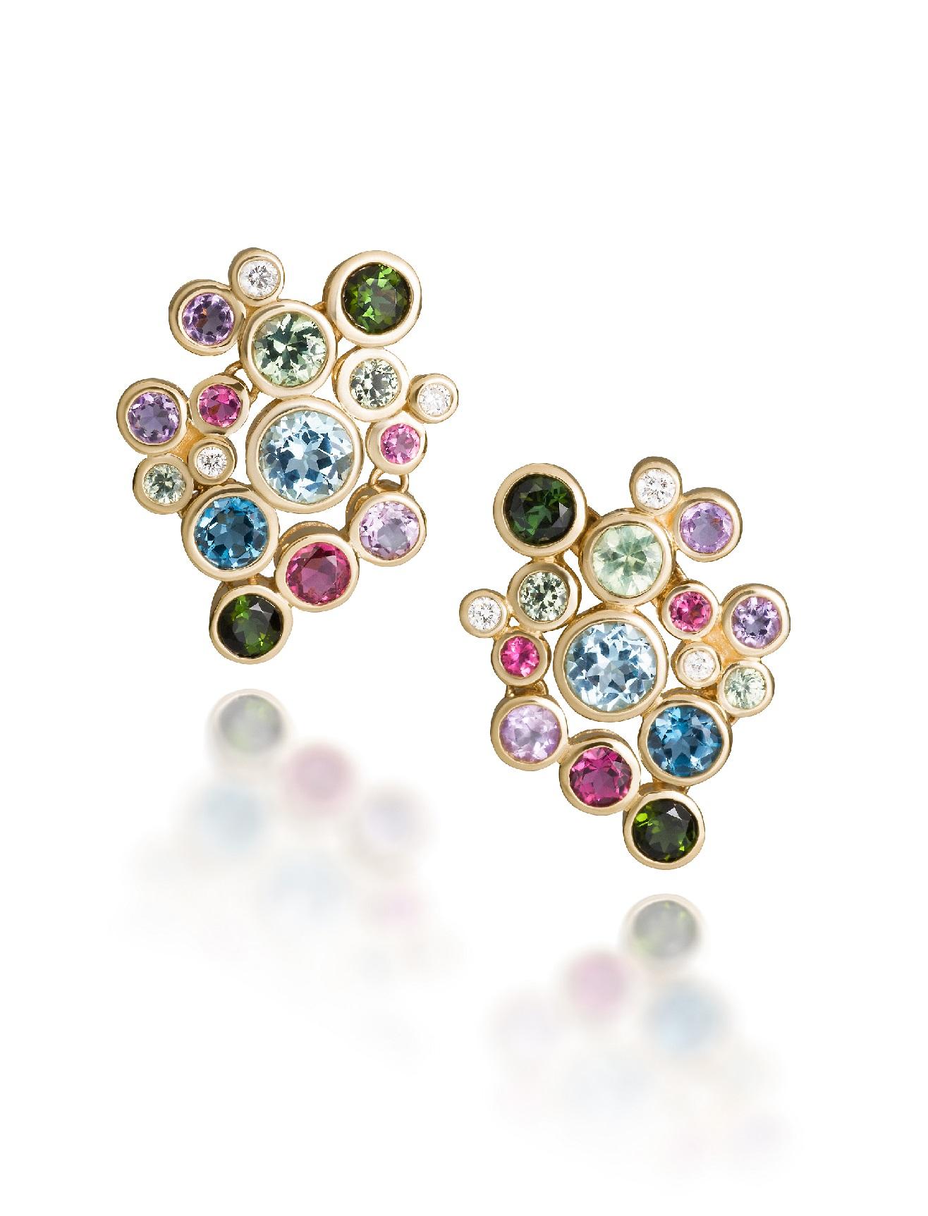 Boucles d'oreilles pendantes Constellation en or 14 carats et pierres précieuses multicolores en vente 1