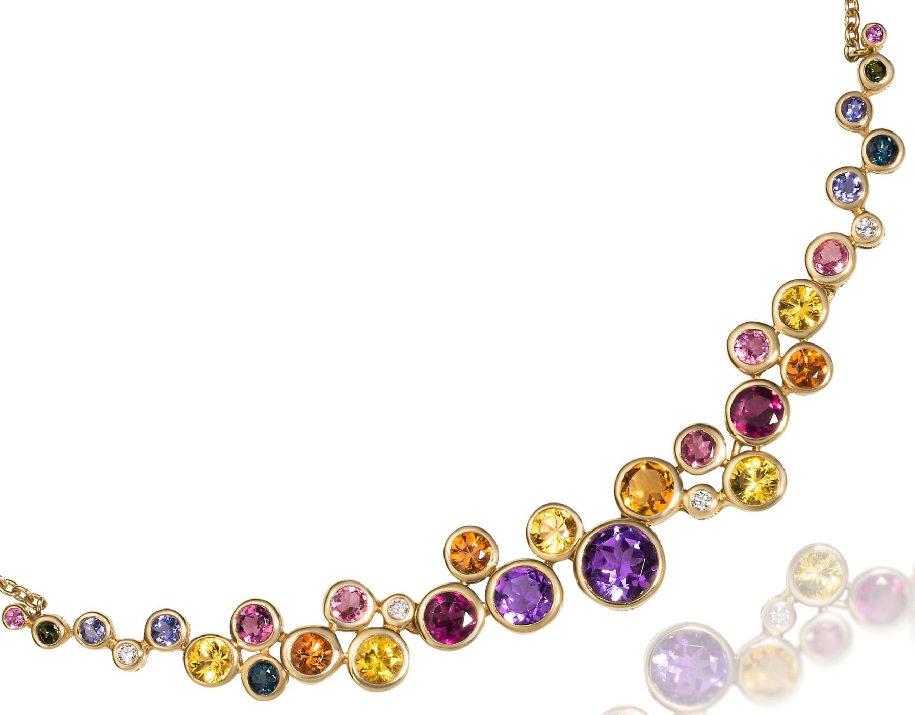 From the Shooting Stars collection, this is the Constellation necklace in 14ky  has over 6 ct of sparkling, round gemstones (amethysts, tourmalines, citrines, yellow sapphires, pink sapphires, blue topaz, iolites) and 0.042 ct of tiny diamonds.  It