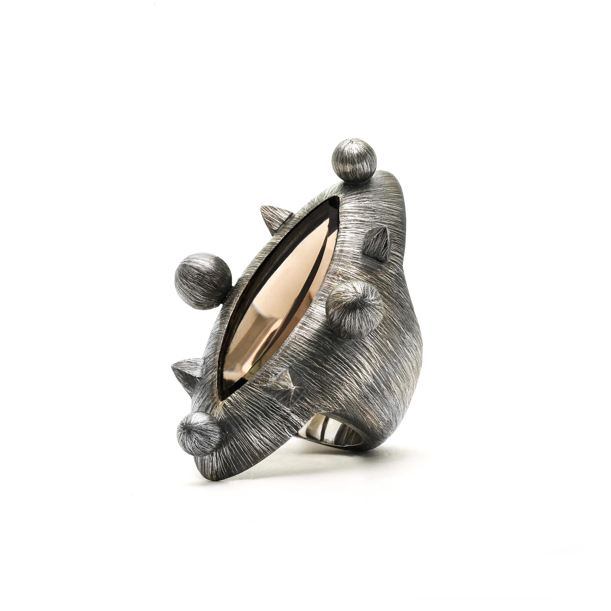 Contemporary Constellation Ring, Etched Sterling Silver & Smoky Quartz