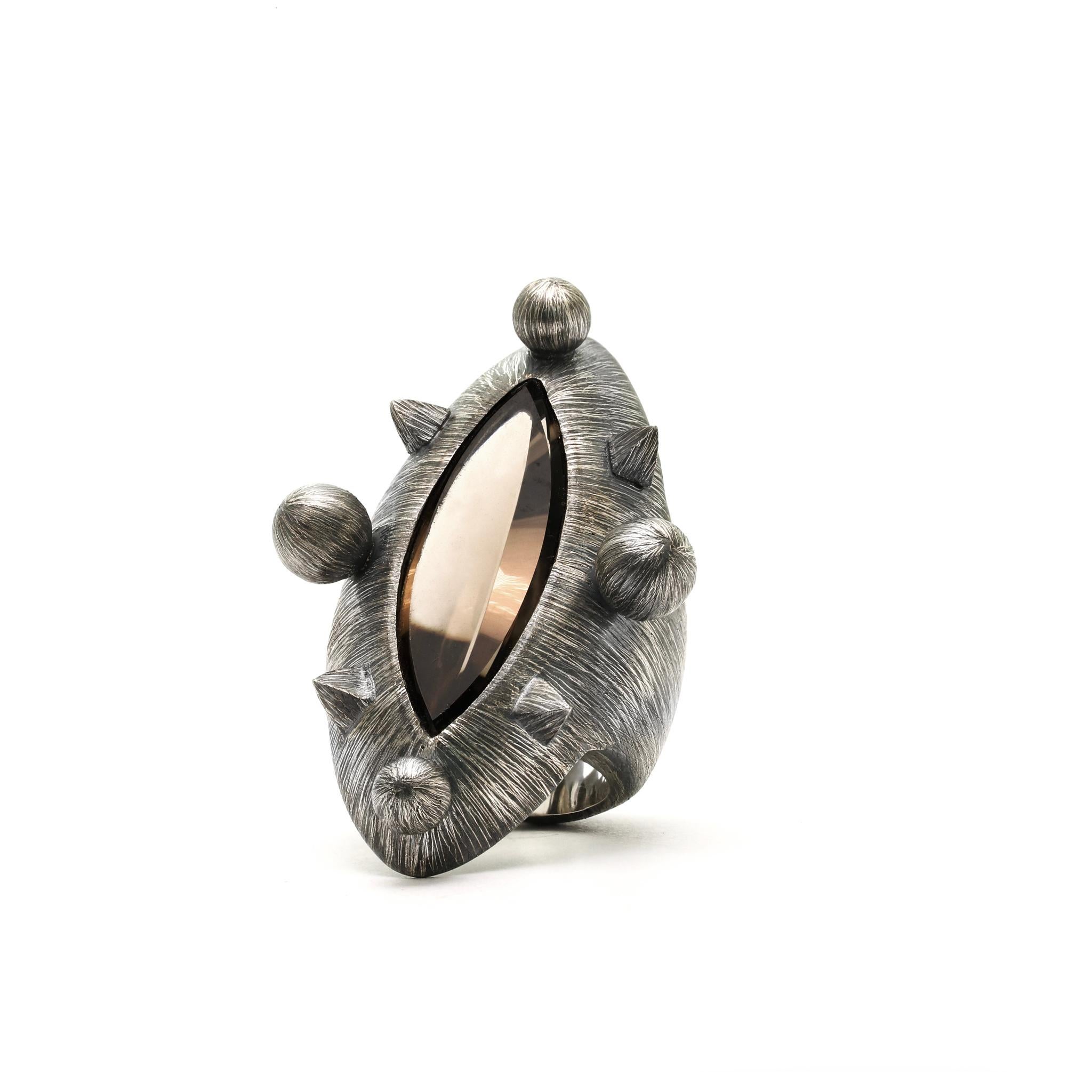 Constellation Ring, Etched Sterling Silver & Smoky Quartz 1