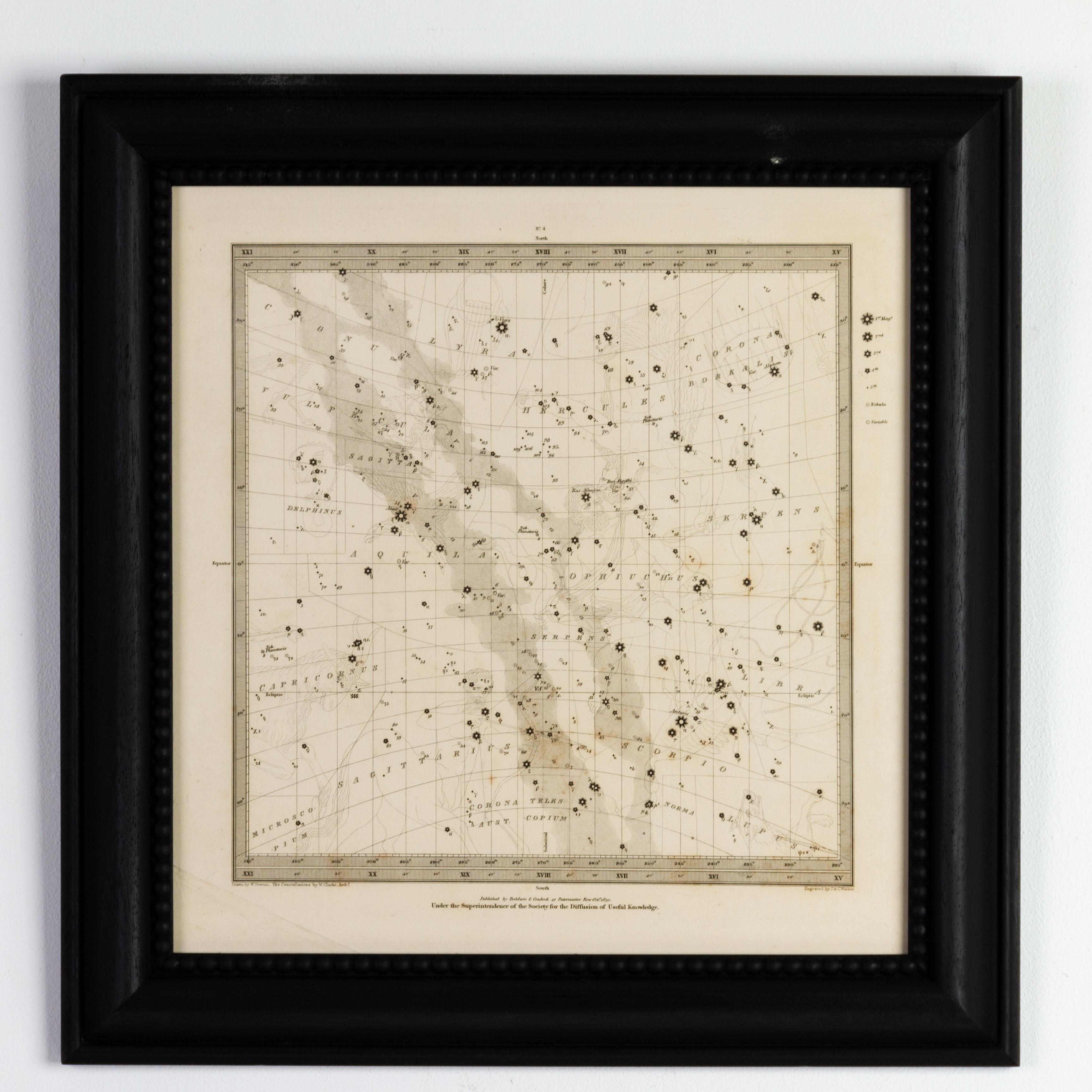 Set di cinque mappe delle costellazioni numerate 1-5, disegnate da W. Newton e pubblicate da Baldwin & Gradock nel 1830. Incorniciato, in ottime condizioni.

Una mappa delle costellazioni è una rappresentazione grafica della sfera celeste che