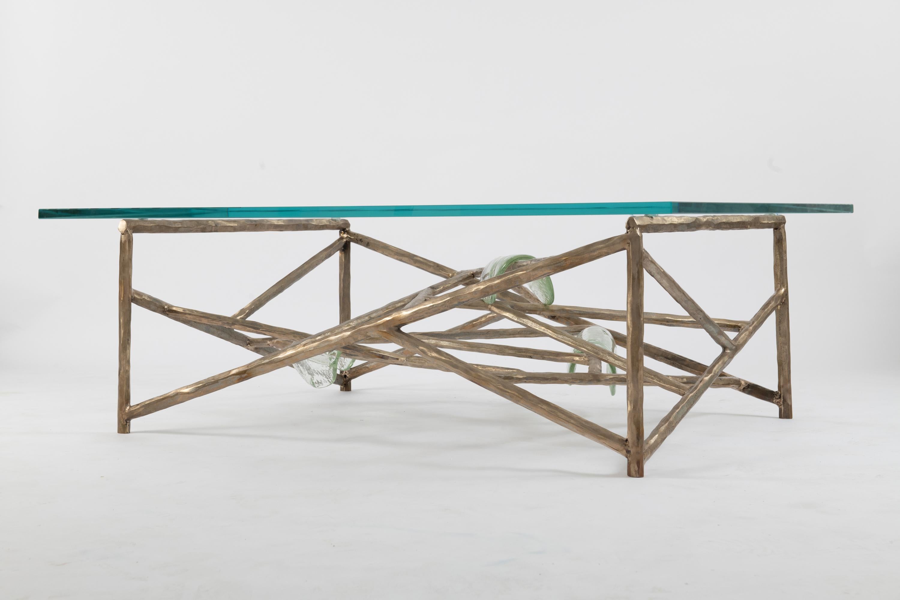 Contemporary Constraint Table in Bronze and Glass by Gregory Nangle For Sale