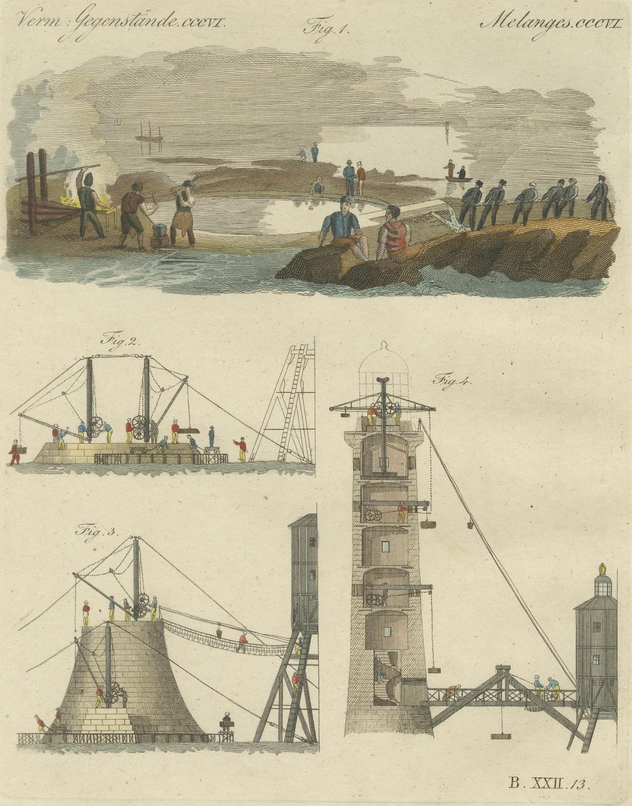 Incisione colorata a mano che illustra le fasi di costruzione del faro di Bell Rock, parte del 