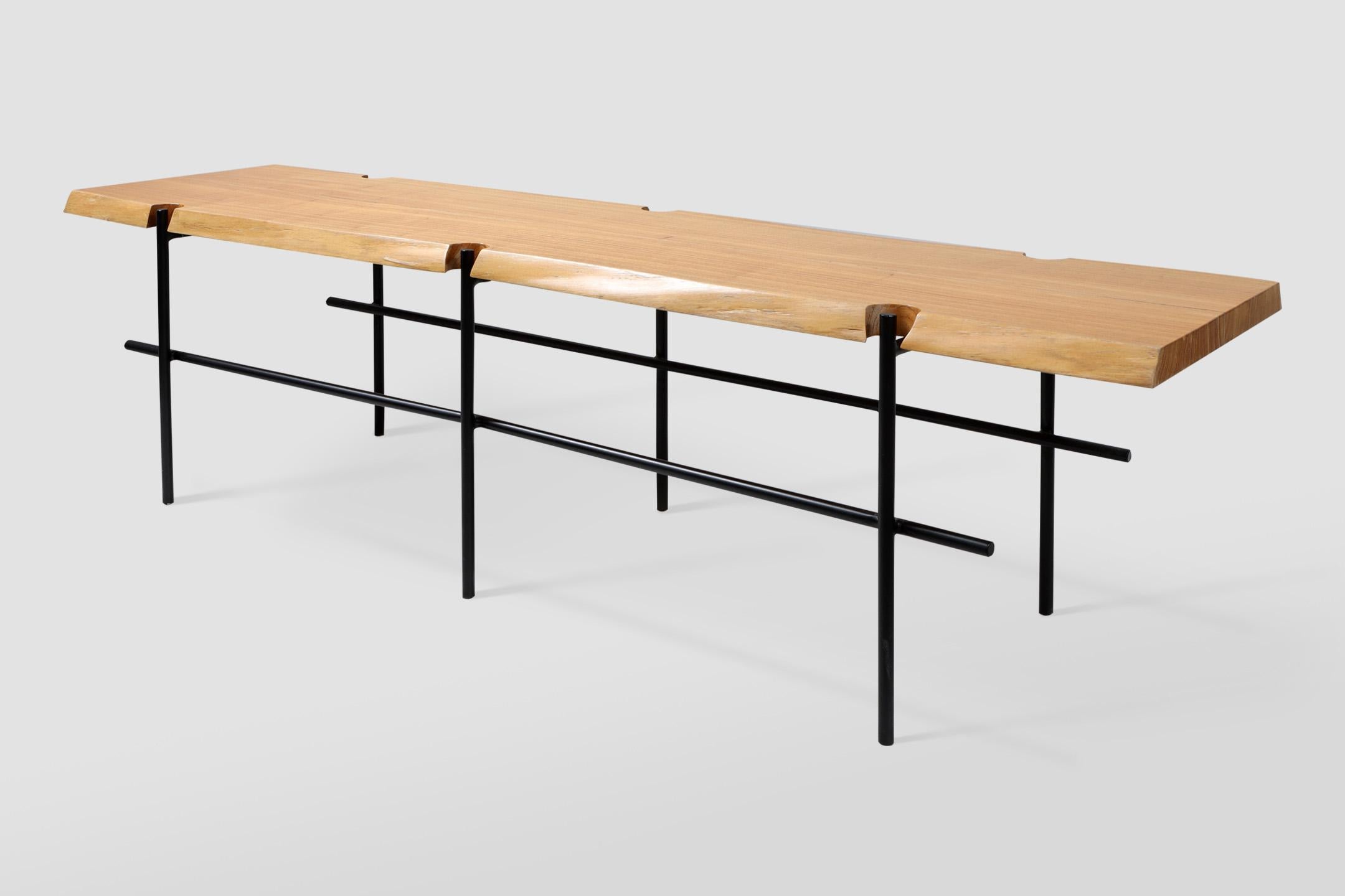 "Construction" Minimalist Bench in Natural Solid Wood and Painted Steel