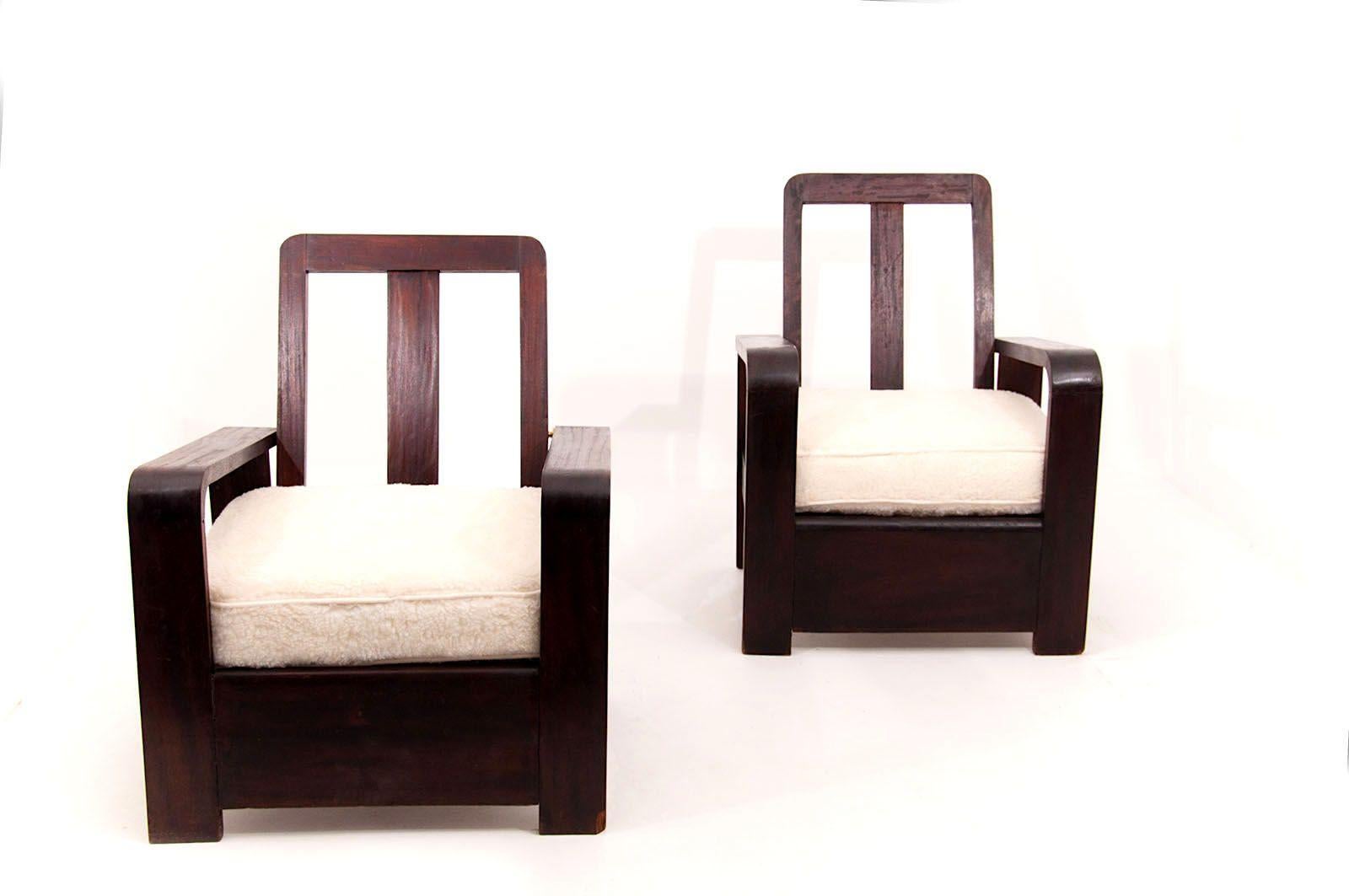 Constructivism Armchairs, circa 1950, with White Peluche Fabric, in Brown Wood 4