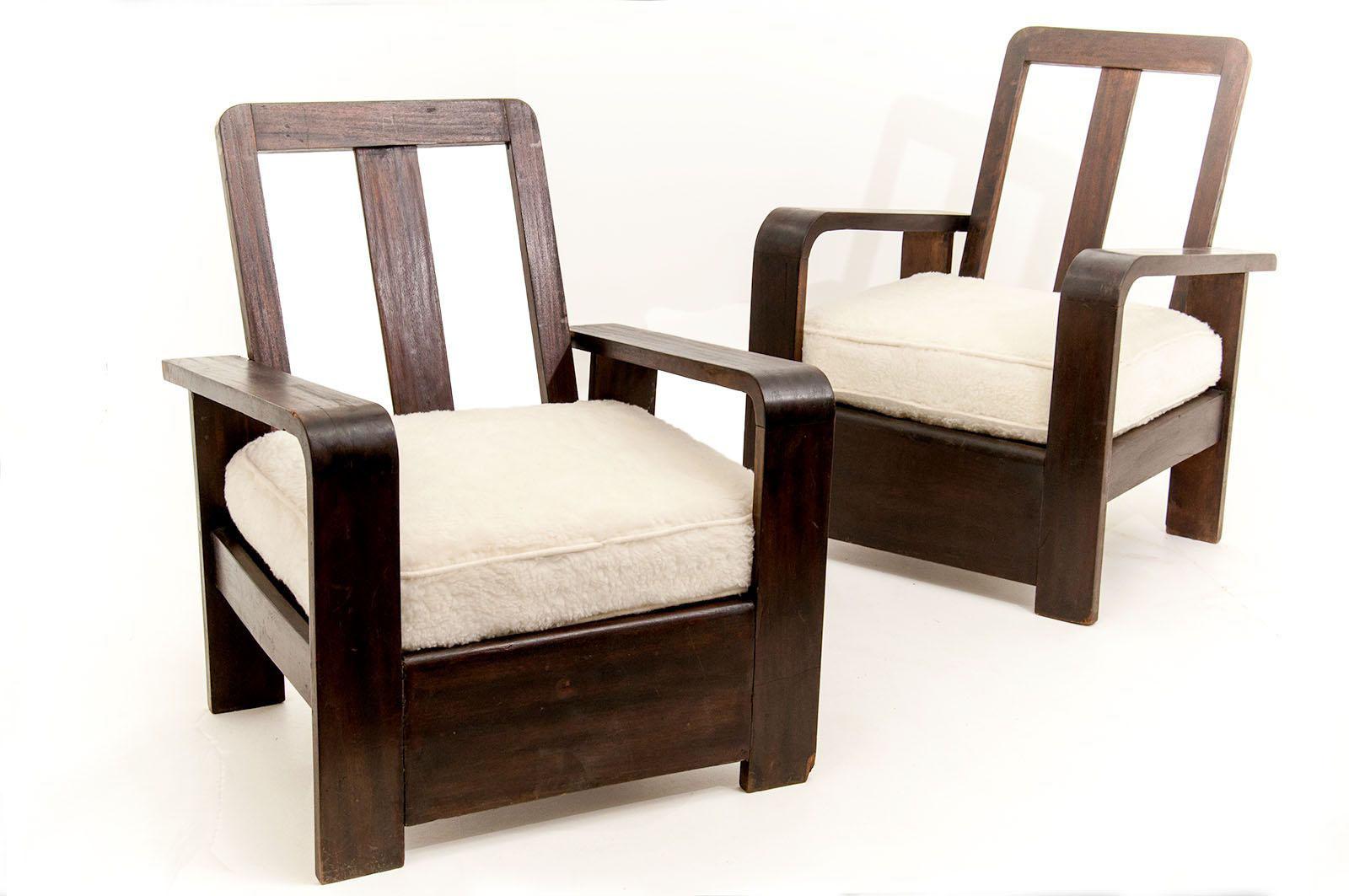 Constructivism Armchairs, circa 1950, with White Peluche Fabric, in Brown Wood 5