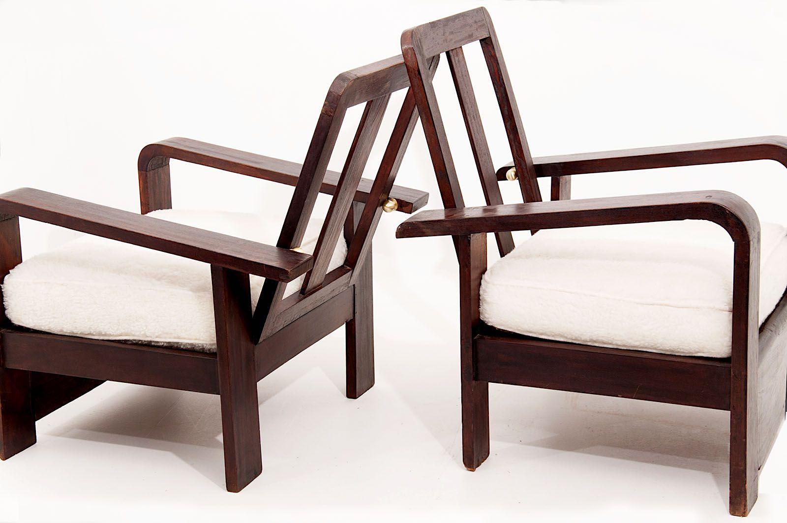 Constructivism Armchairs, circa 1950, with White Peluche Fabric, in Brown Wood 1