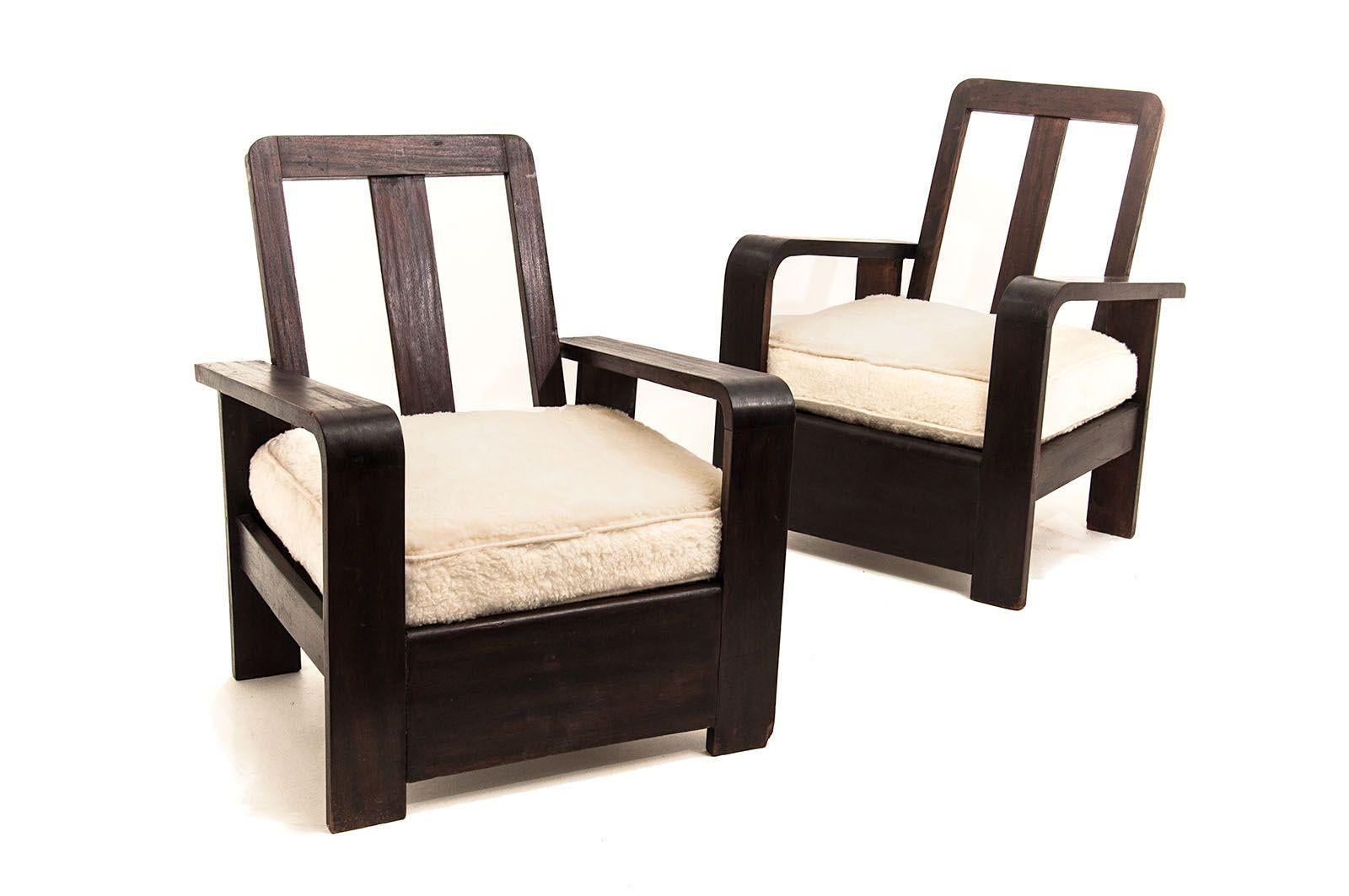 Constructivism Armchairs, circa 1950, with White Peluche Fabric, in Brown Wood 3