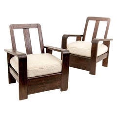 Vintage Constructivism Armchairs, circa 1950, with White Peluche Fabric, in Brown Wood