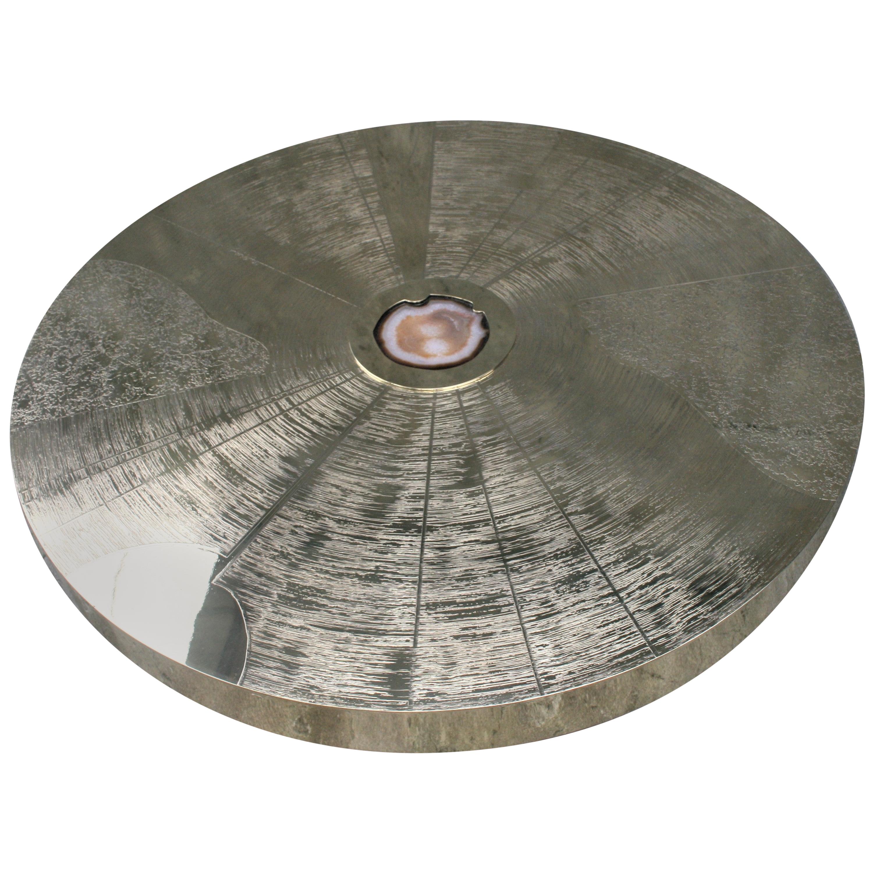 Constructivism Art "Star Trek" Coffee Table Acid Etched Brass and Rare Agate For Sale