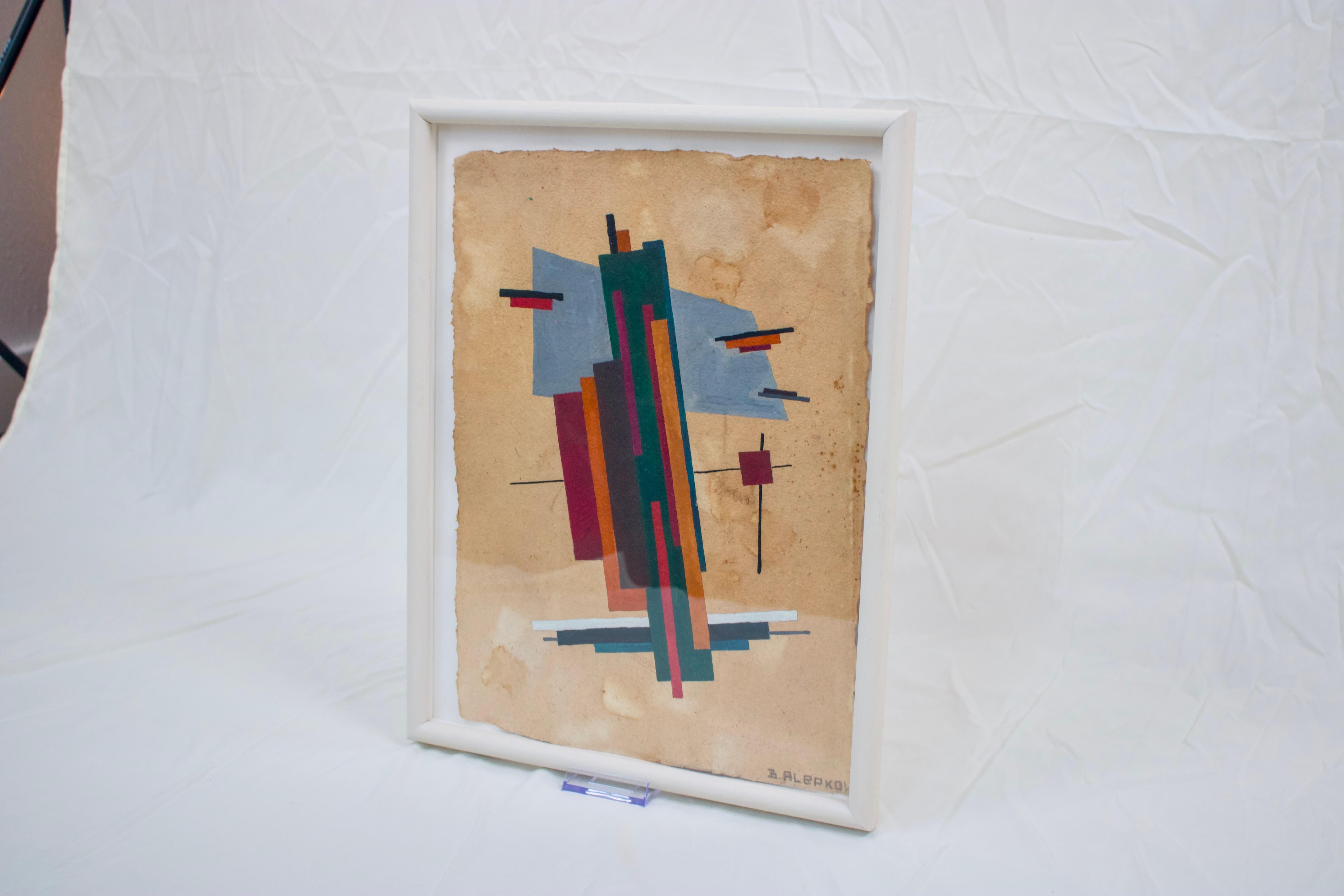 This Constructivist abstract gouache by Boris Alepkow, circa 1960s, features layered geometric forms in teal, red, orange, dark green, and white arranged across a textured, sand‑toned ground. Alepkow’s compositions draw on Russian Constructivism and