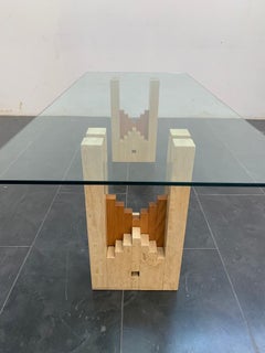 Constructivist Architectural Table in Travertine Marble and Oak, 1960s