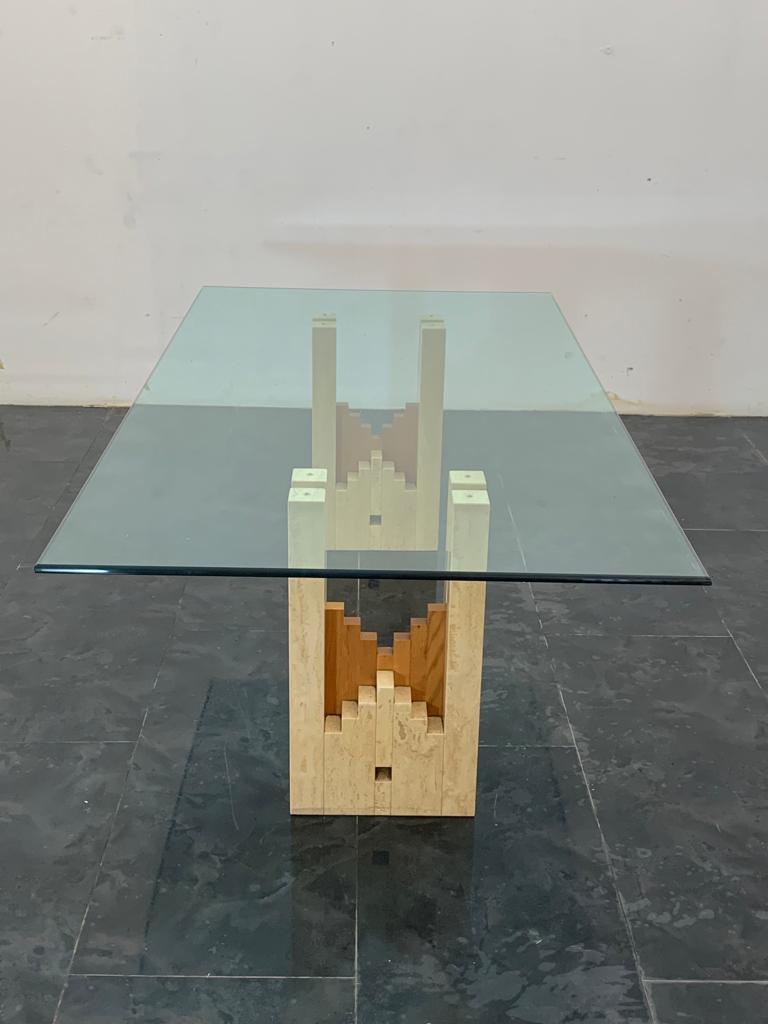 Italian Constructivist Architectural Table in Travertine Marble and Oak, 1960s For Sale