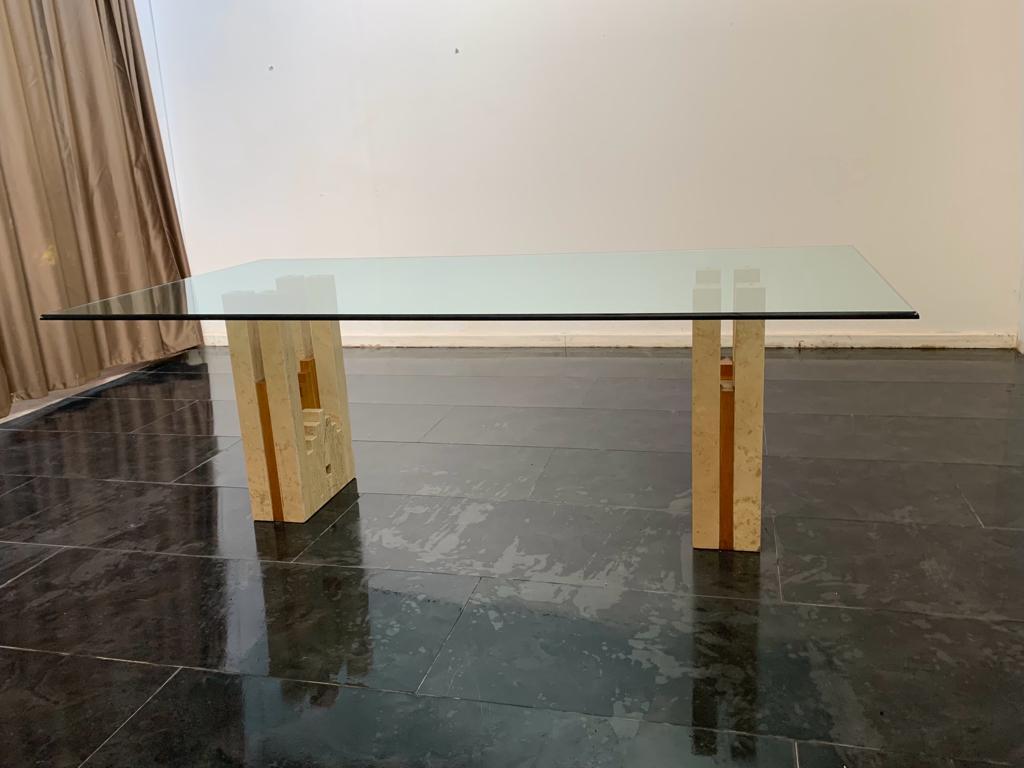 Mid-20th Century Constructivist Architectural Table in Travertine Marble and Oak, 1960s For Sale