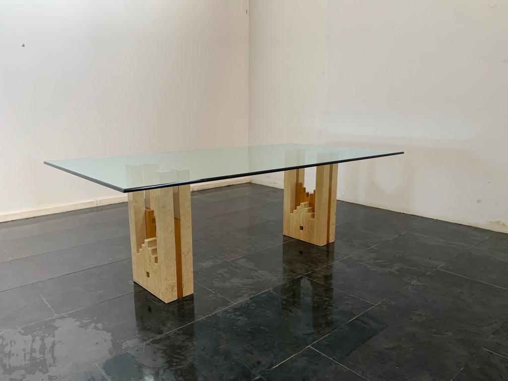 Constructivist Architectural Table in Travertine Marble and Oak, 1960s For Sale 1