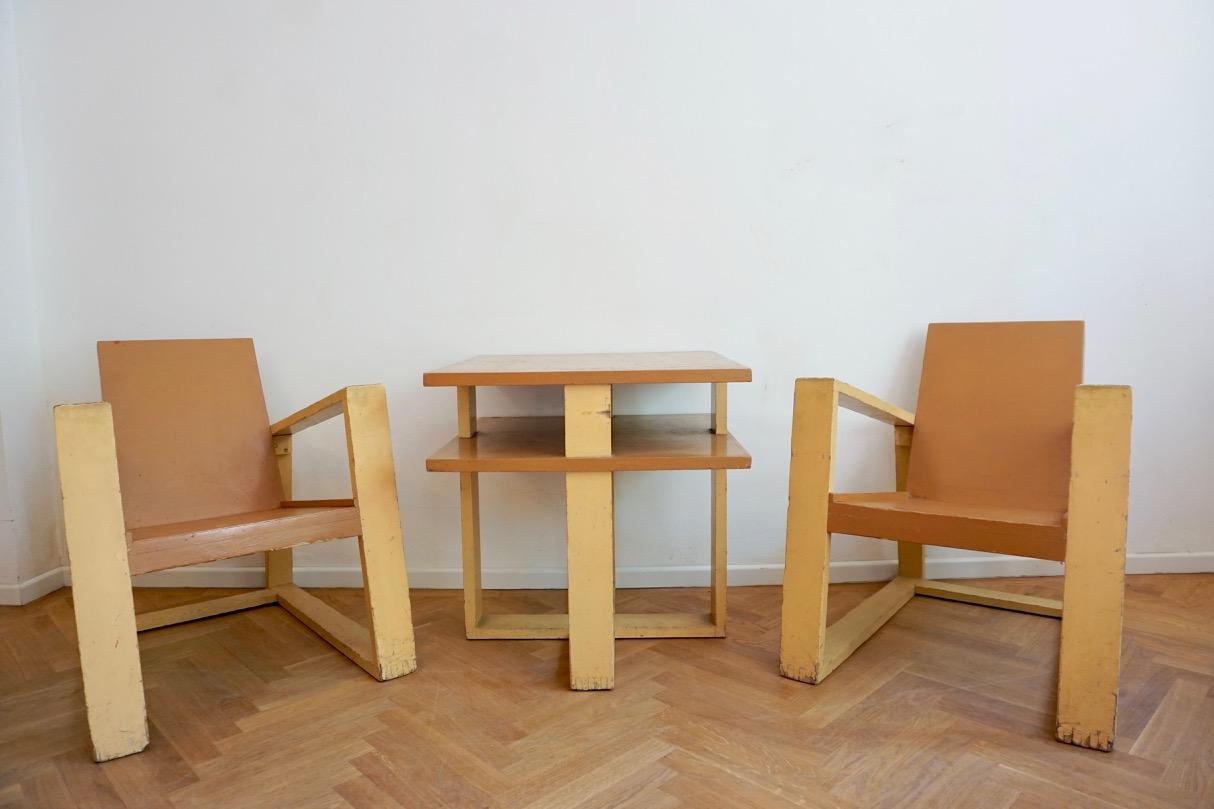 Constructivist Bauhaus Style Hungarian Set of 2 Armchairs and Table, 1920s For Sale 5