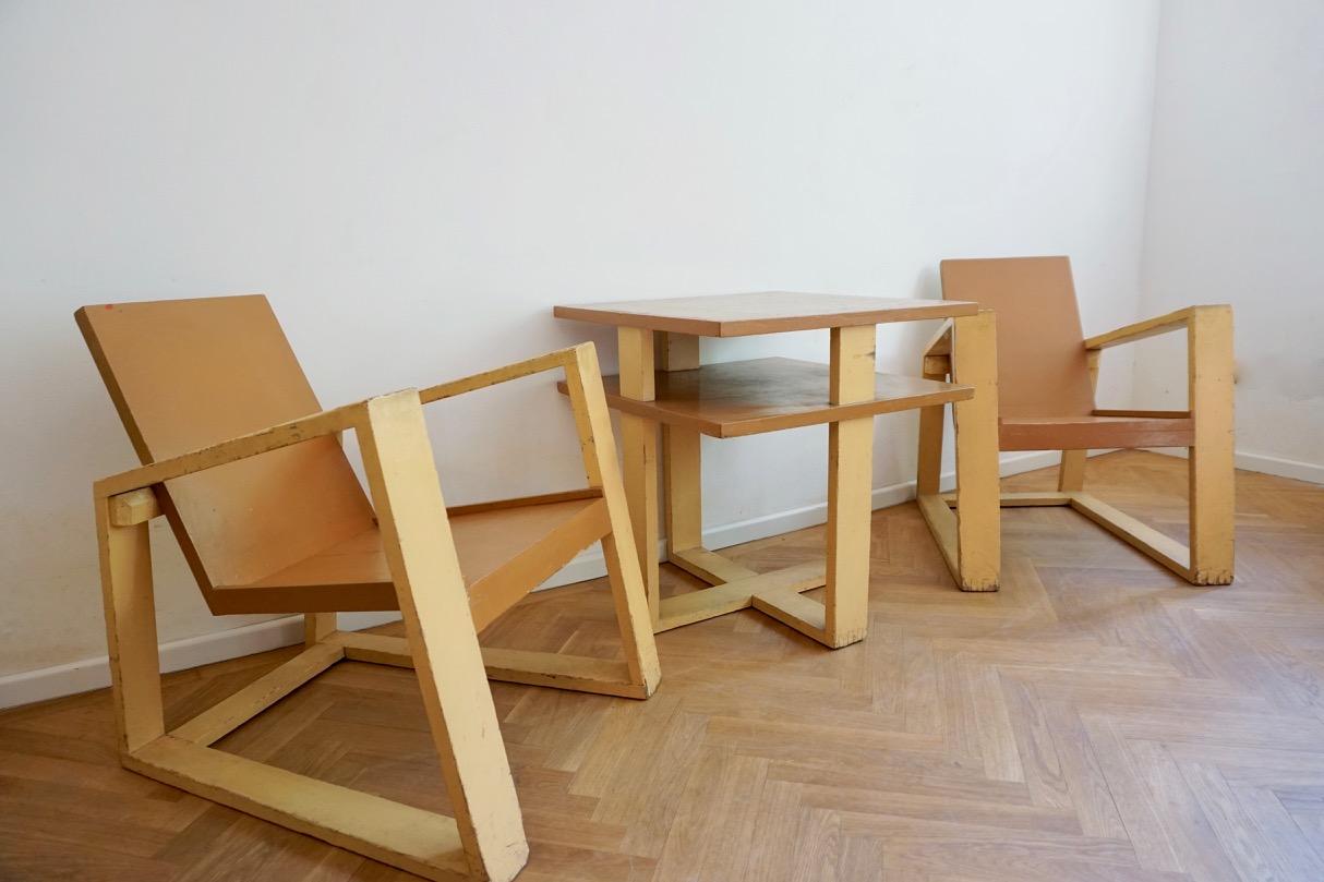 Constructivist Bauhaus Style Hungarian Set of 2 Armchairs and Table, 1920s For Sale 8