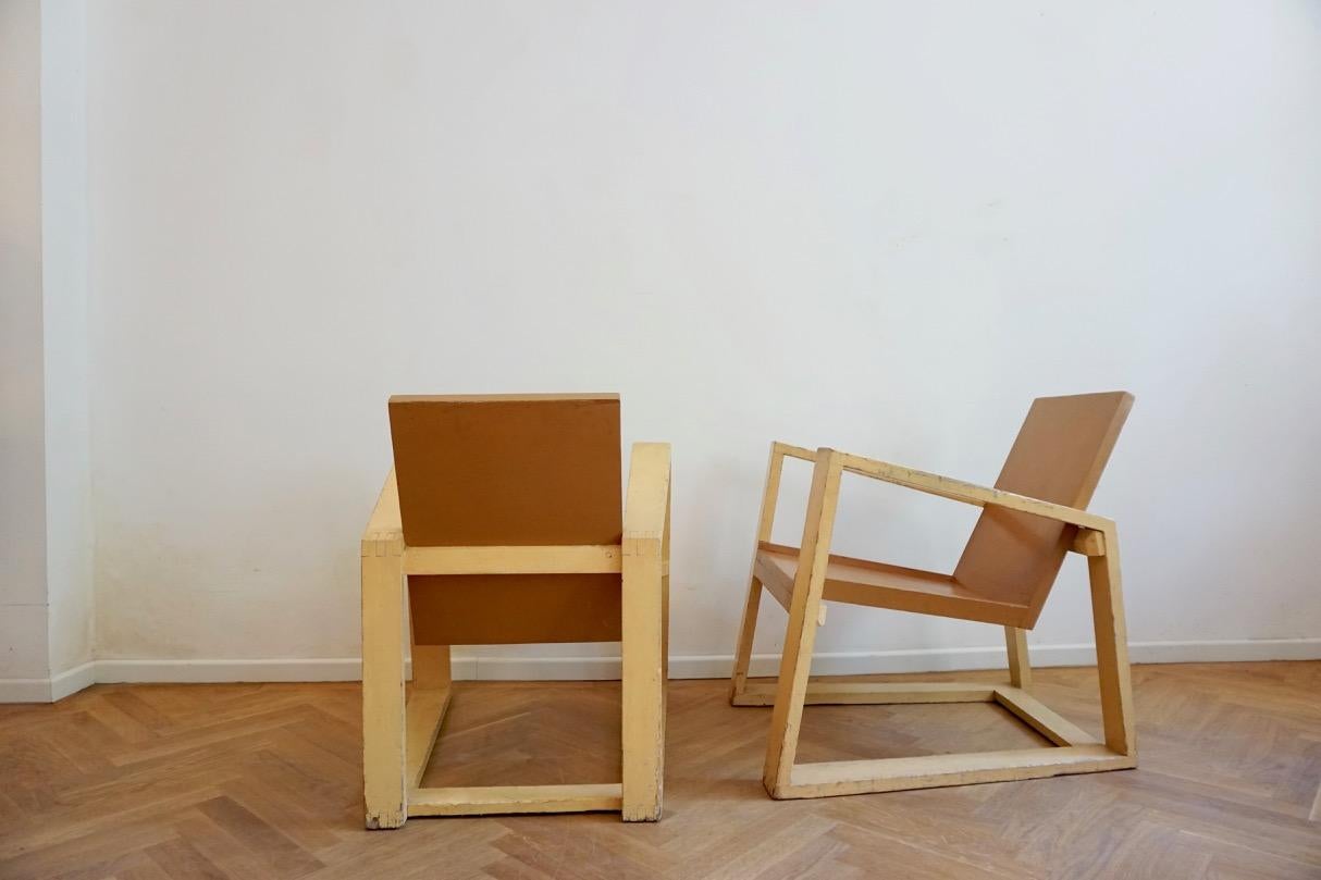 Wood Constructivist Bauhaus Style Hungarian Set of 2 Armchairs and Table, 1920s For Sale