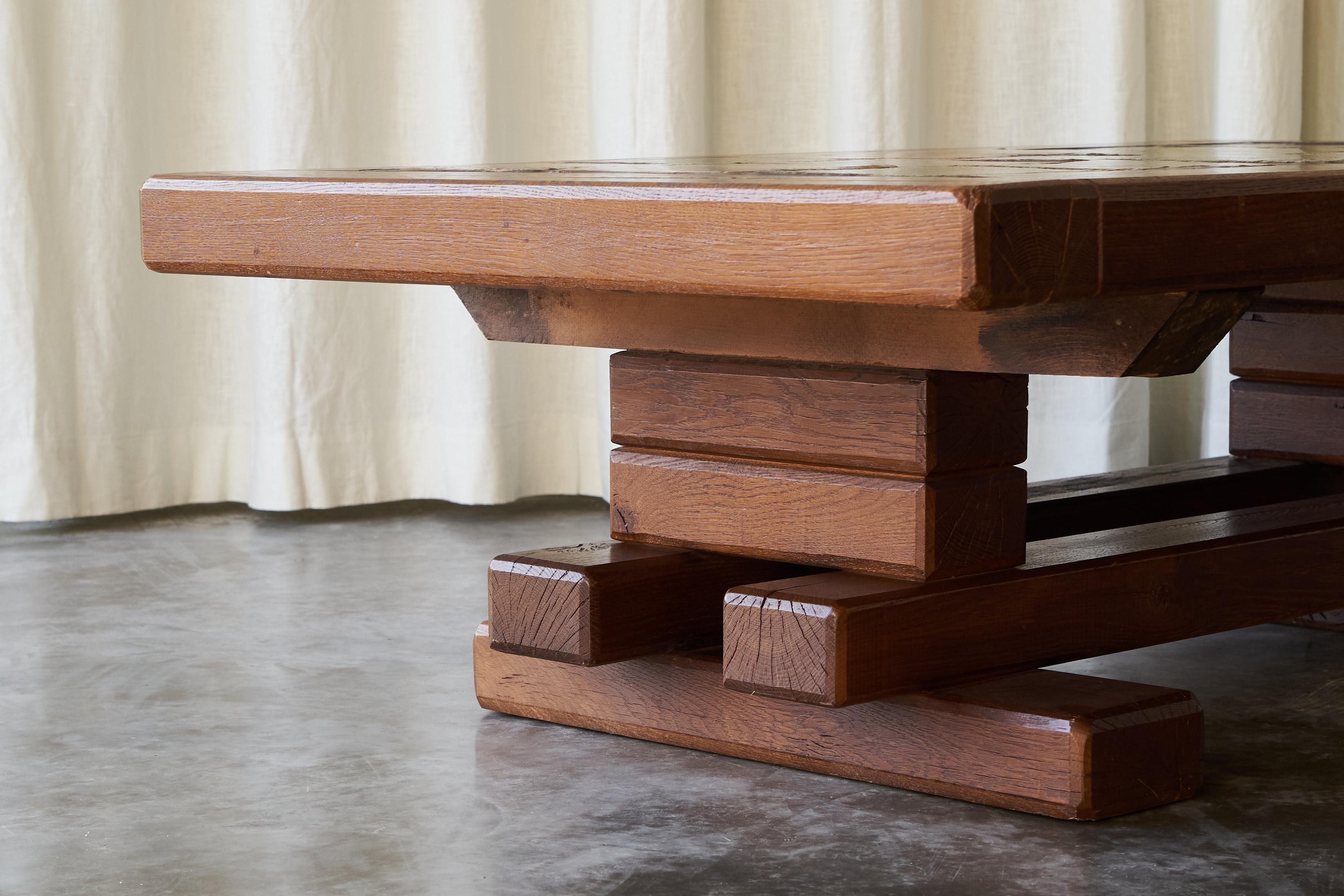 European Constructivist Coffee Table in Solid Oak and Ceramic 1960s For Sale