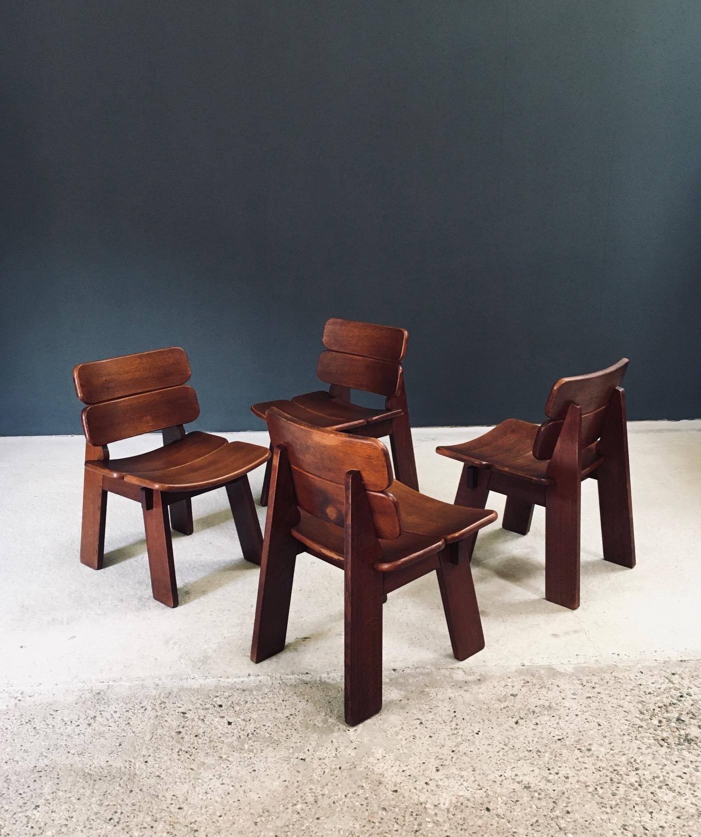 Brutalisme Constructivist Design Oak Dining Chairs, Belgium 1960's en vente